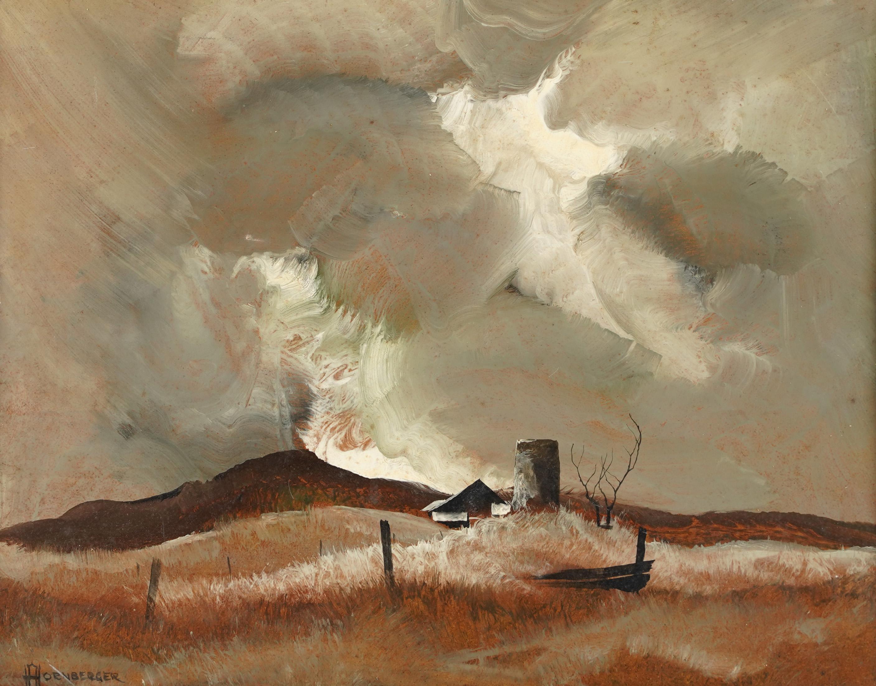 Antique peinture à l'huile Moderniste Américain Midwest Fall Moody Sky Landscape - Marron Landscape Painting par Don Hornberger