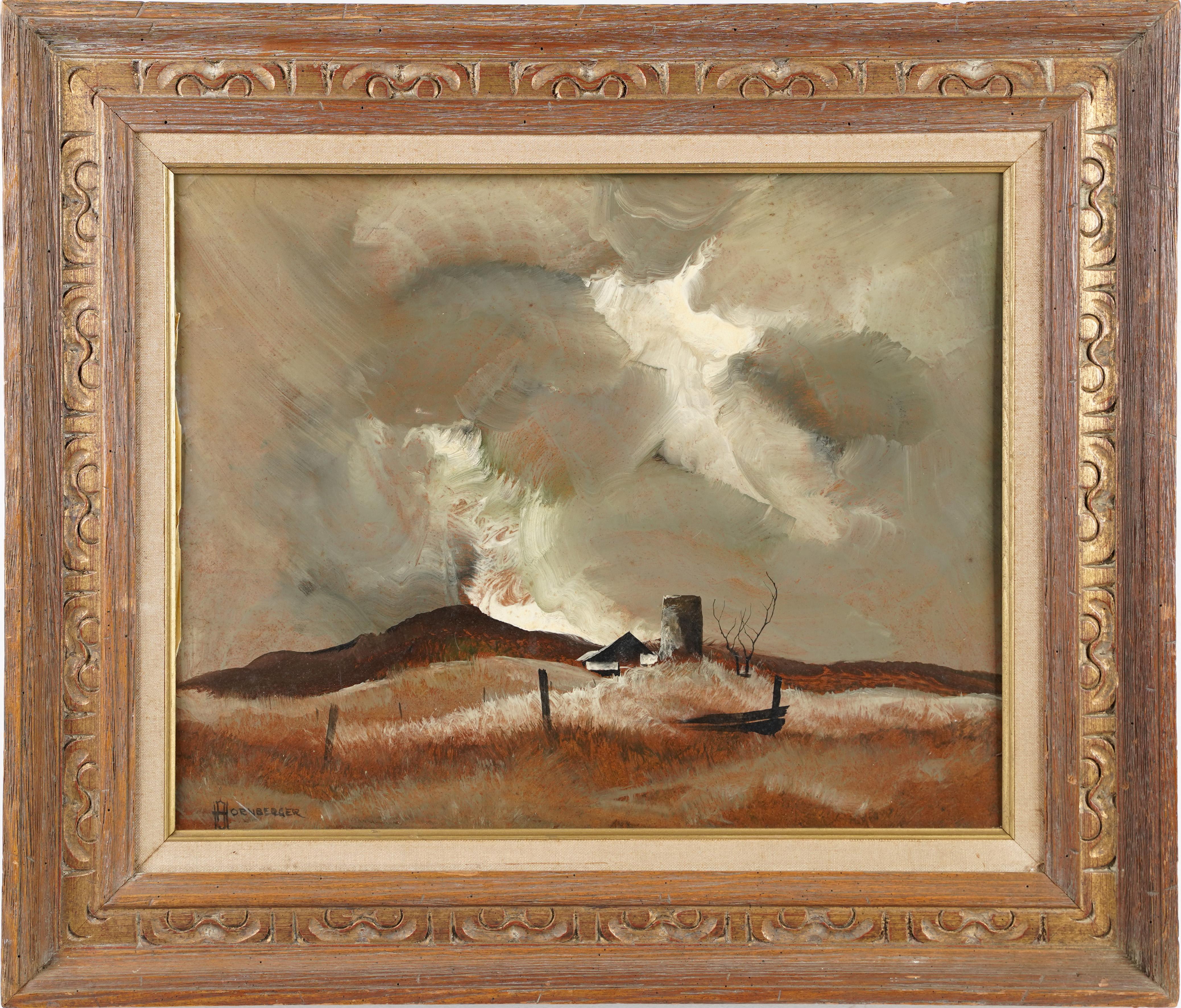 Don Hornberger Landscape Painting - Antique American Modernist Midwest Fall Moody Sky Landscape Oil Painting
