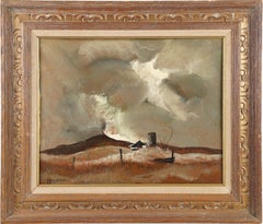 Antique American Modernist Midwest Fall Moody Sky Landscape Oil Painting