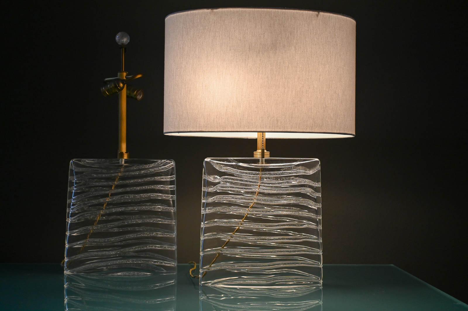 Mid-Century Modern John Hutton for Donghia Murano Glass Lamps in Clear Glass and Brass