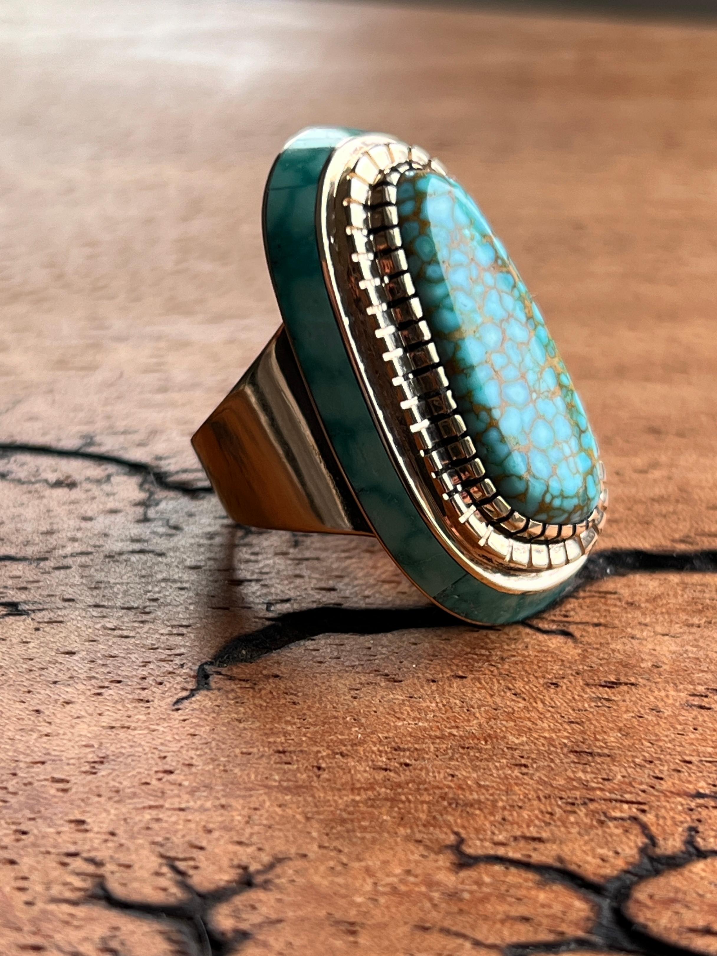 Poli au tonneau Bague Don Juan du Nouveau Mexique en turquoise et or jaune 14k en vente