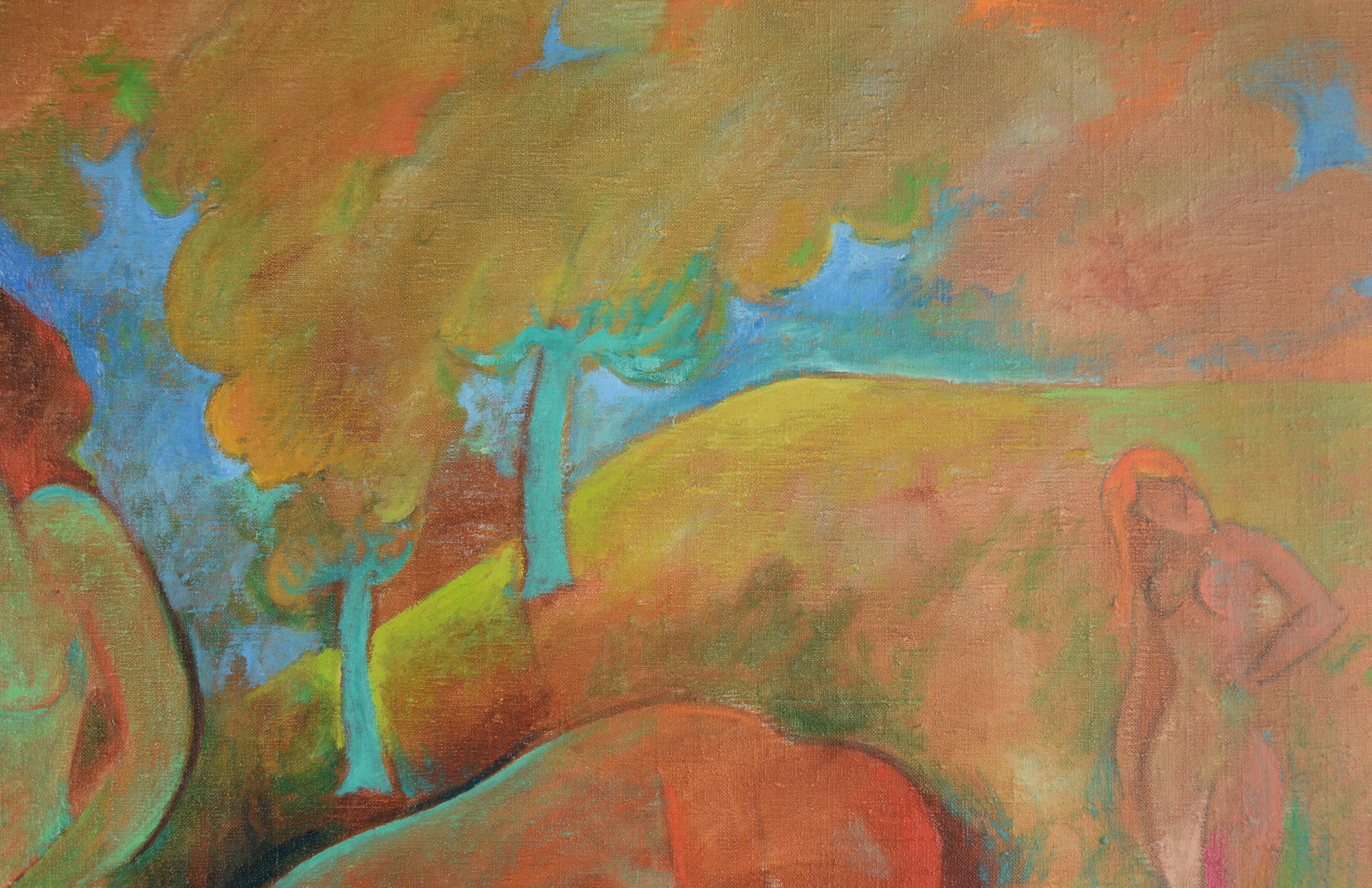 Lebendige Darstellung einer Gruppe von Badenden in einem üppigen, farbenfrohen Wald von fauvistischer Erfindung des kalifornischen Künstlers Don Klopfer (1920-2009). Die stilisierten Aktfiguren, die in einer leuchtenden und lebhaften Farbpalette