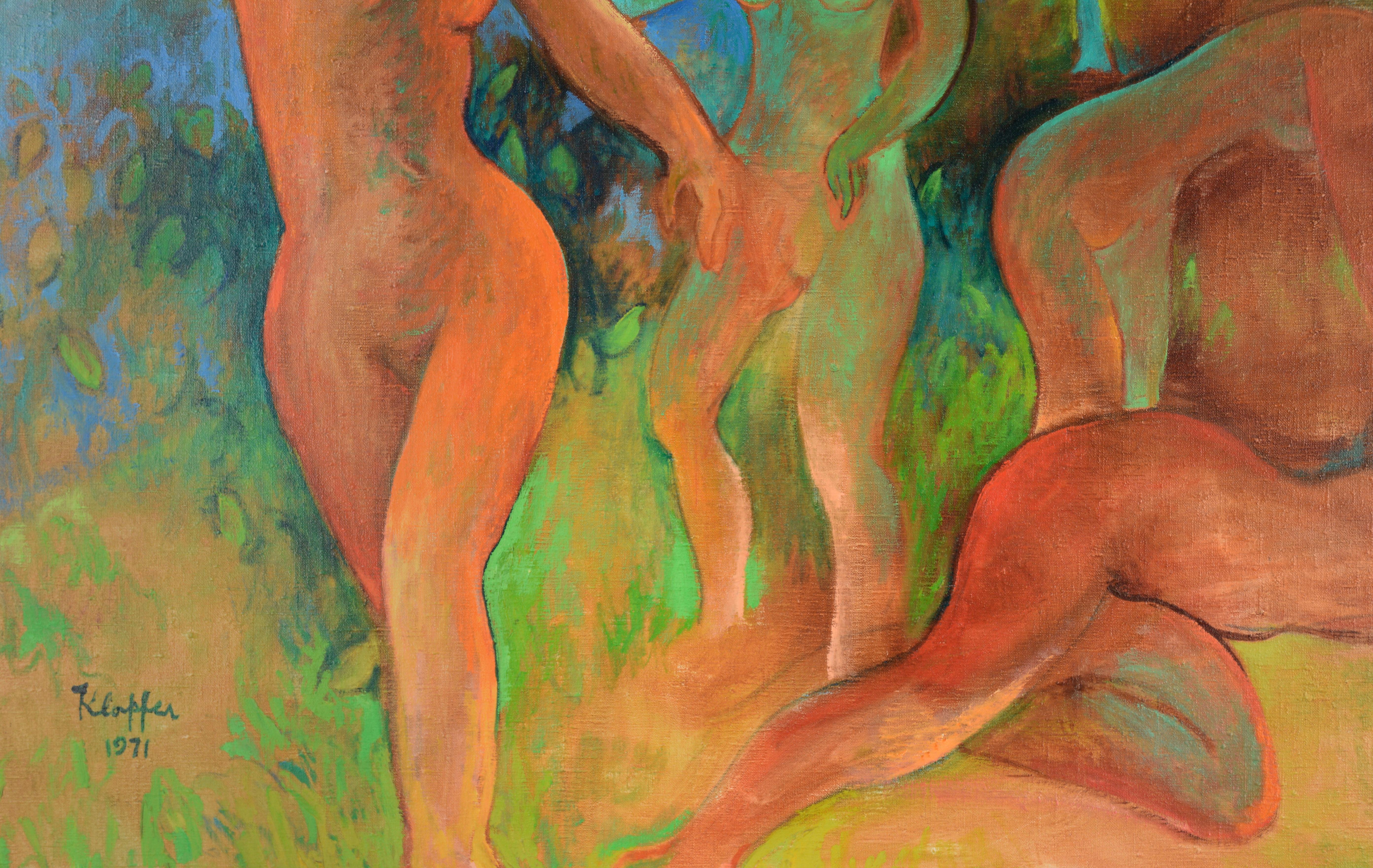 Vibrant depiction of a group of bathers in a lush, colorful forest of fauvist invention by California artist Don Klopfer (1920-2009). The stylized nude figures, depicted in a bright and vivacious color palette, frolic in their colorful eden in