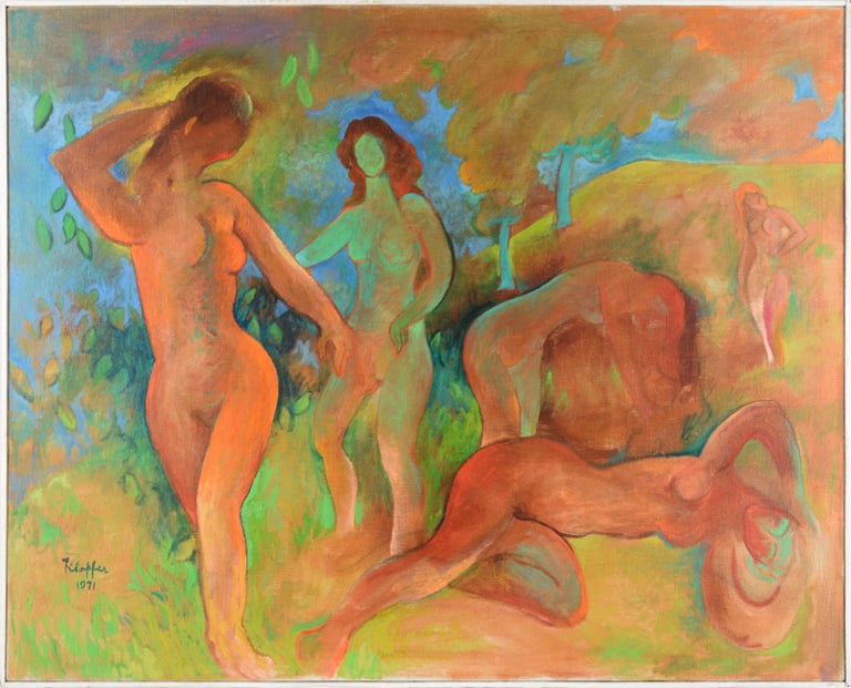 Don Klopfer Figurative Painting - "Bathers" - Modern Fauvist Nude Figurative Landscape 