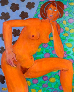 Portrait of a Woman with Flowers & Leaves - Fauvist Nude Botanical Figurative