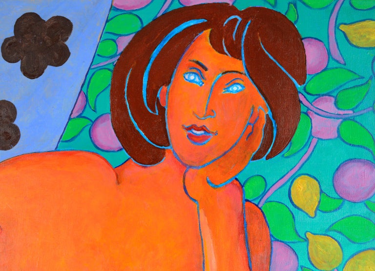 Bold Fauvist colors and a fun patterned background with flower and plant motifs characterize this unique and colorful depiction of a nude female in  orange by California artist Don Klopfer (1920-2009). Signed and dated 