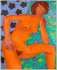 Vintage Portrait of a Woman with Flowers & Leaves - Fauvist Nude Botanical Figurative