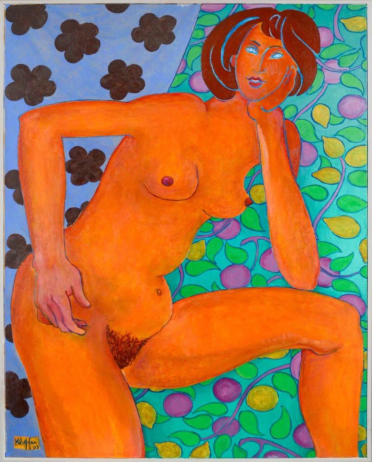 Don Klopfer Figurative Painting - Portrait of a Woman with Flowers & Leaves - Fauvist Nude Botanical Figurative