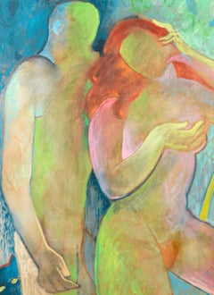 Two Figures with Cat - Fauvist Nude Figurative Abstract