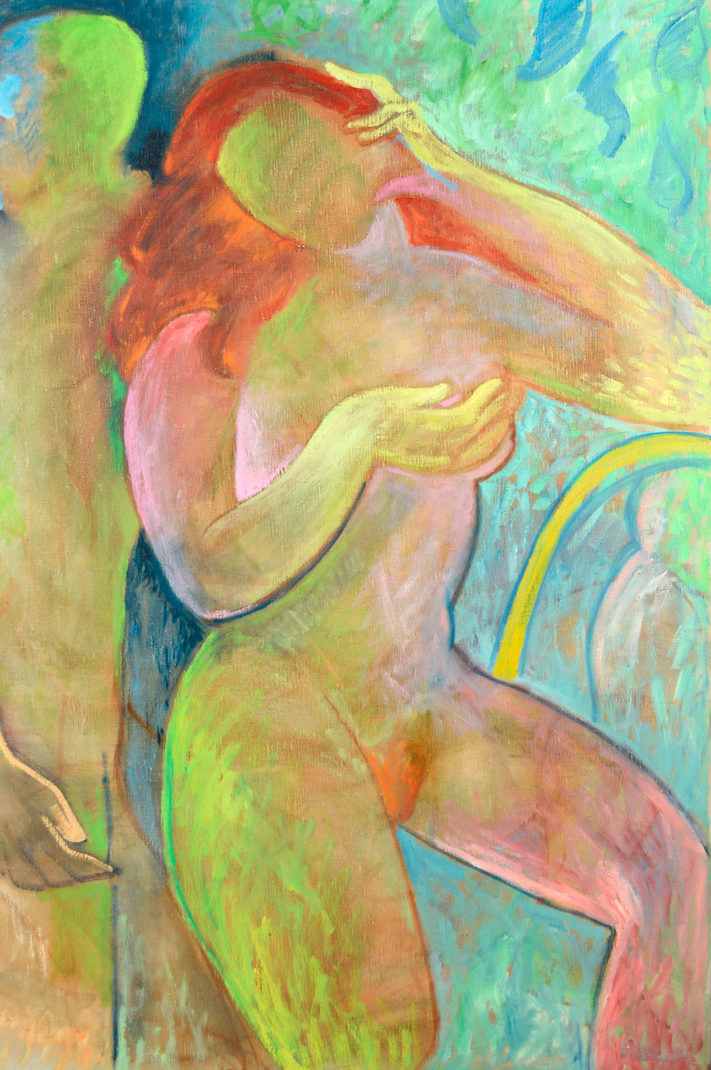 Two Figures with Cat - Fauvist Nude Figurative Abstract - Beige Figurative Painting by Don Klopfer
