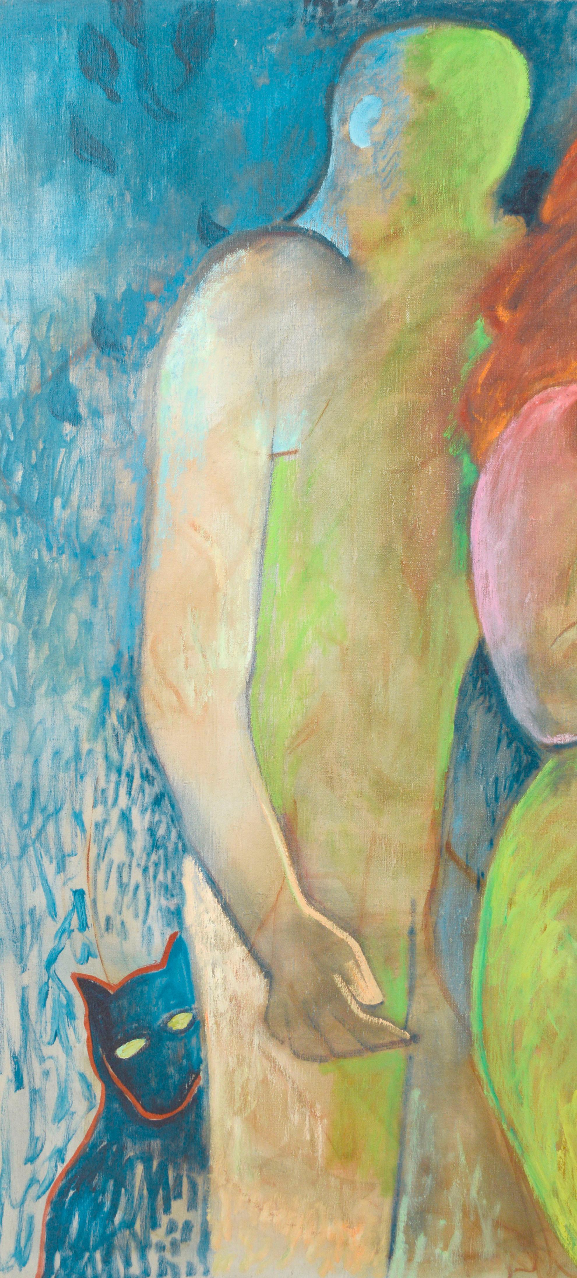 Buntes und dynamisches fauvistisches abstraktes Bild mit zwei Figuren und einer Katze in einer lebhaften und leuchtenden Farbpalette des kalifornischen Künstlers Don Klopfer (1920-2009). Unsigniert, wurde aber mit einer Sammlung seiner Werke aus dem