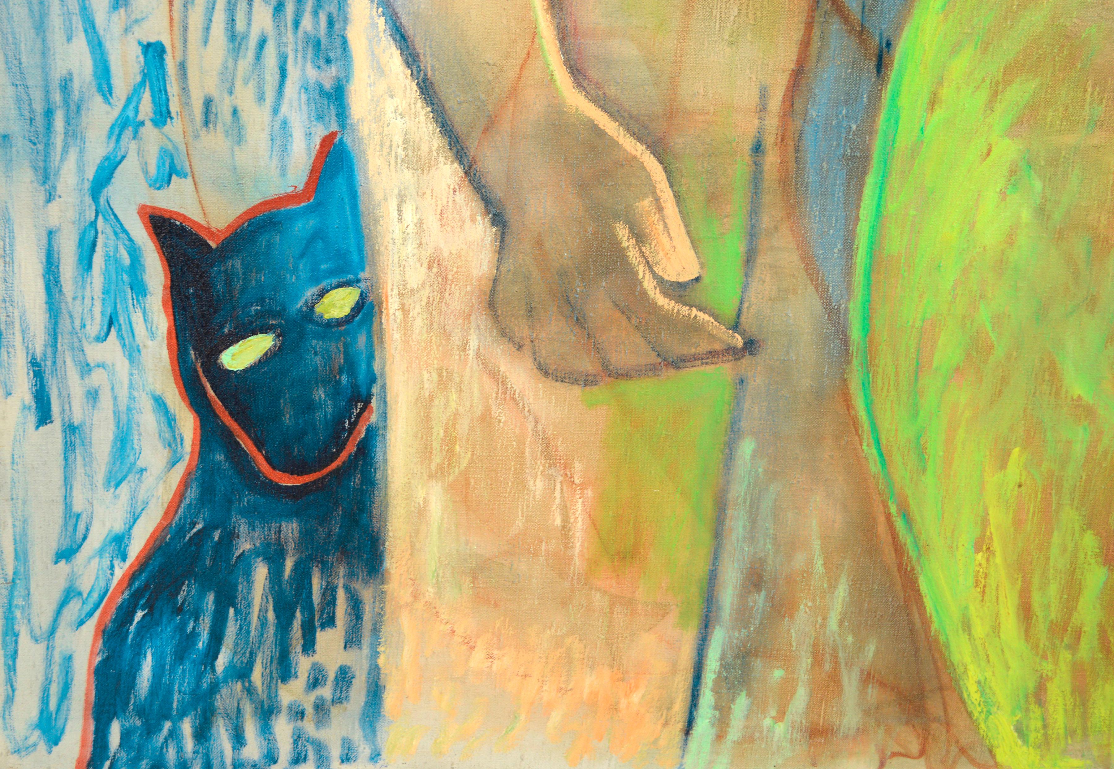 Zwei Figuren mit Katze - Fauvistischer Akt, figurativ-abstrahiert im Angebot 1