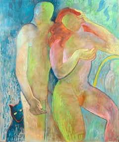Retro Two Figures with Cat - Fauvist Nude Figurative Abstract