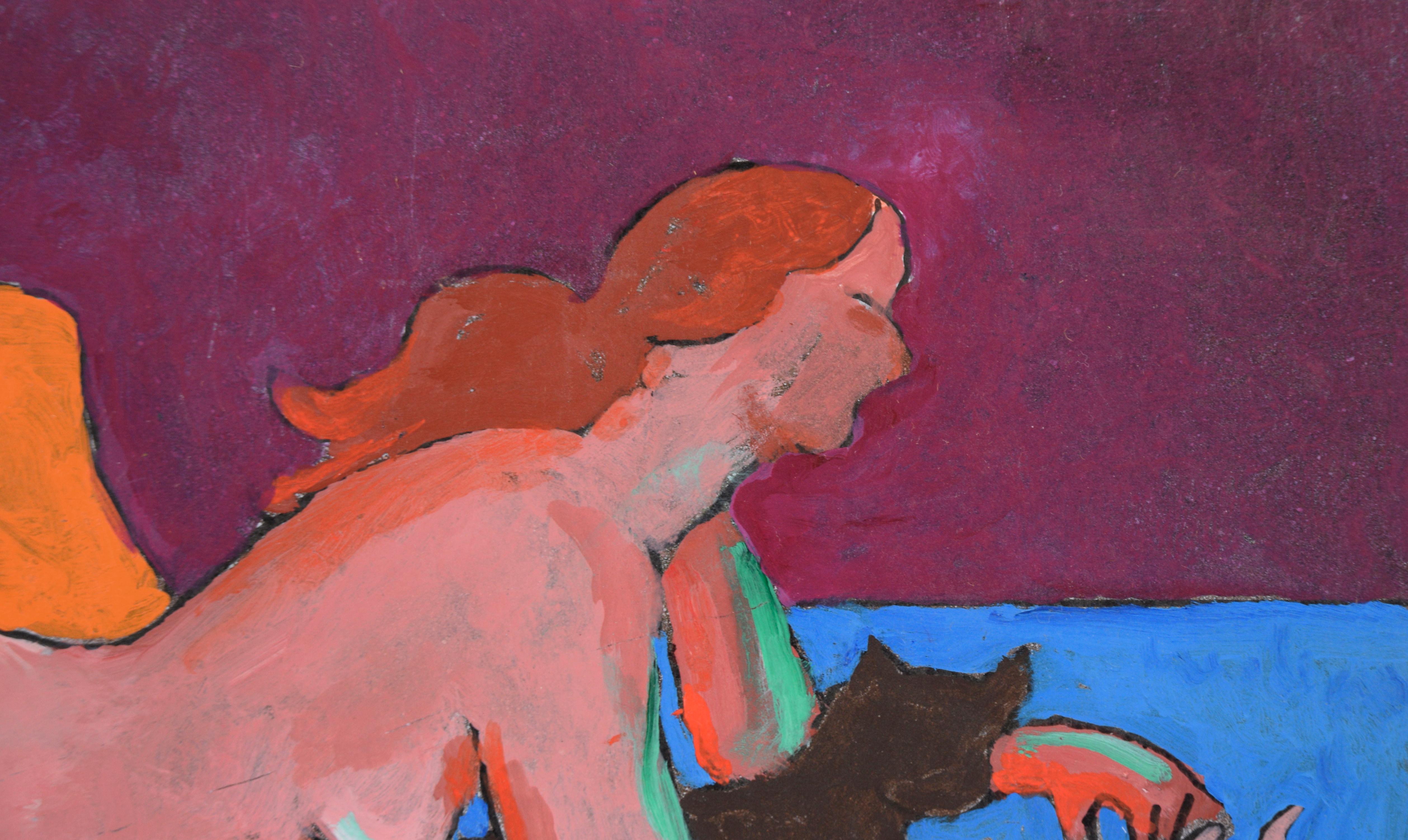 Mujer con gato negro - Desnudo figurativo fauvista sobre azul - Painting de Don Klopfer