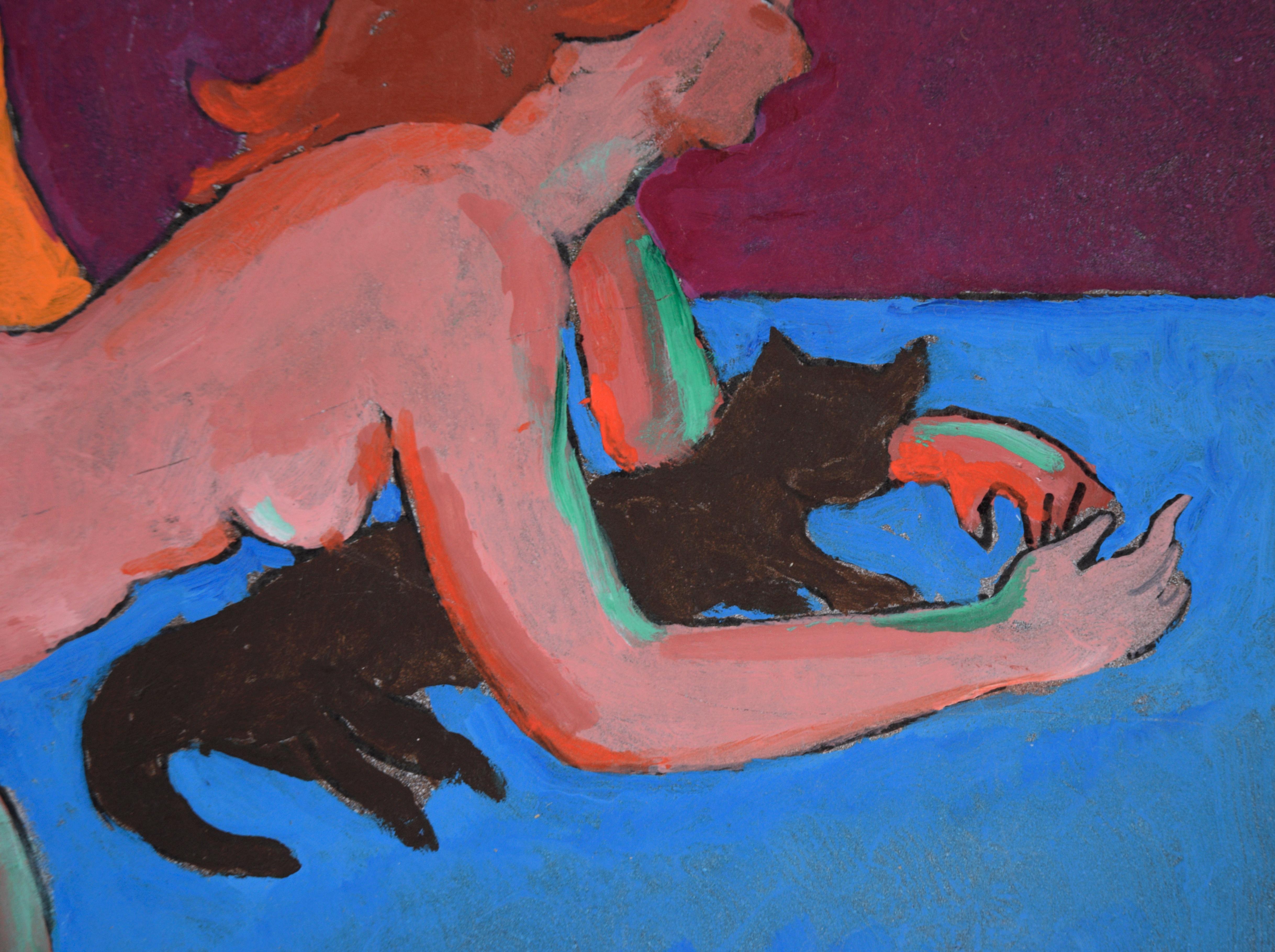 Frau mit schwarzer Katze – fauvistisch-nackter Akt, figurativ auf Blau  (Fauvismus), Painting, von Don Klopfer