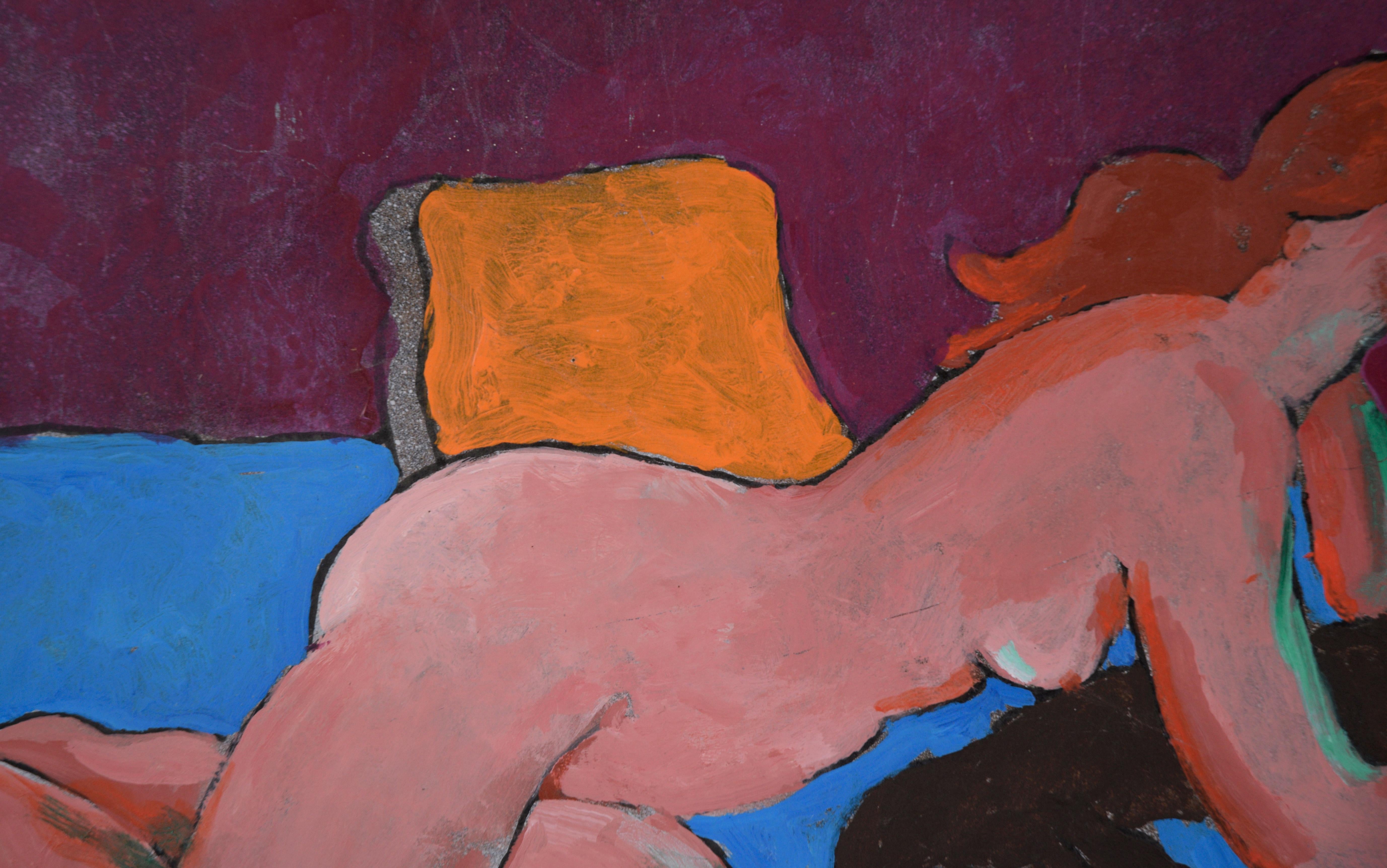 Mujer con gato negro - Desnudo figurativo fauvista sobre azul - Figurative Painting Marrón de Don Klopfer