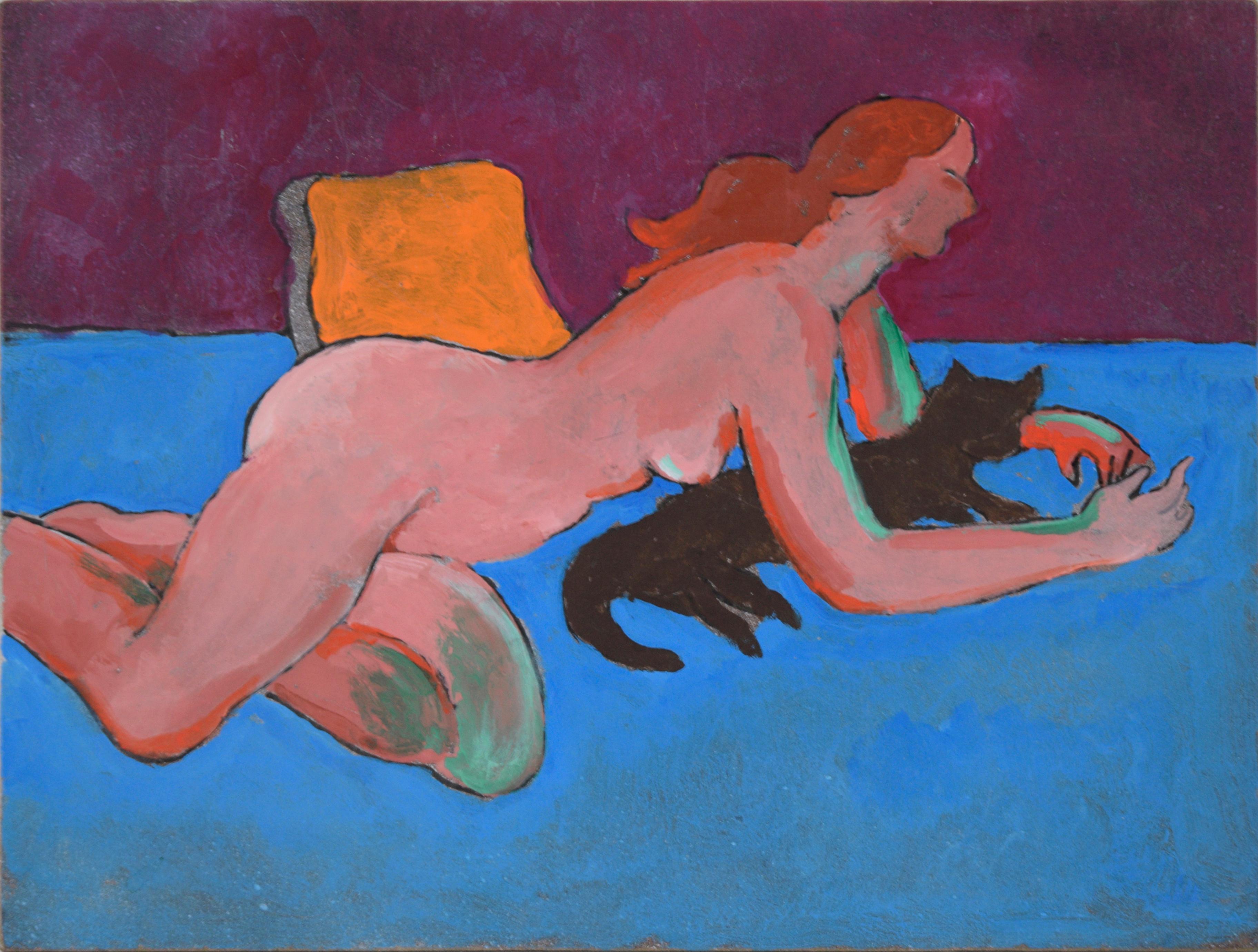 Woman with Cat - Fauvist Nude Portrait
