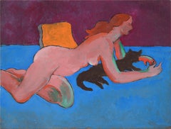 Retro Woman with Black Cat - Fauvist Nude Figurative on Blue 