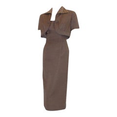 Retro Don Loper Taupe Silk Wiggle Dress with Polka Dot Lined Jacket, Circa 1950
