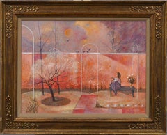 Retro Mid Century Modernist Sunset Garden Figurative Landscape Oil Painting