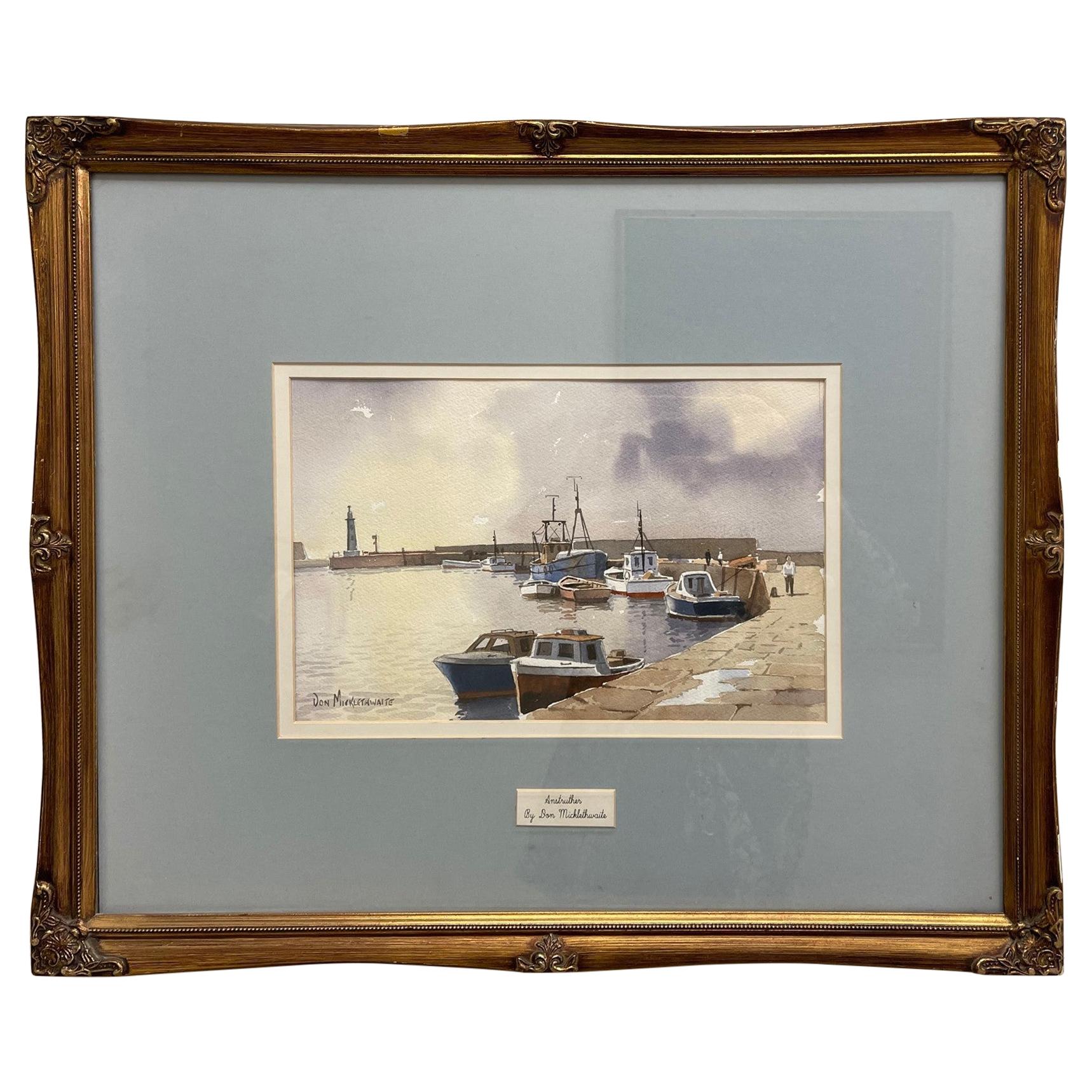 Don Micklethwaite Boats in a Harbour at Low Tide Watercolor on Paper British