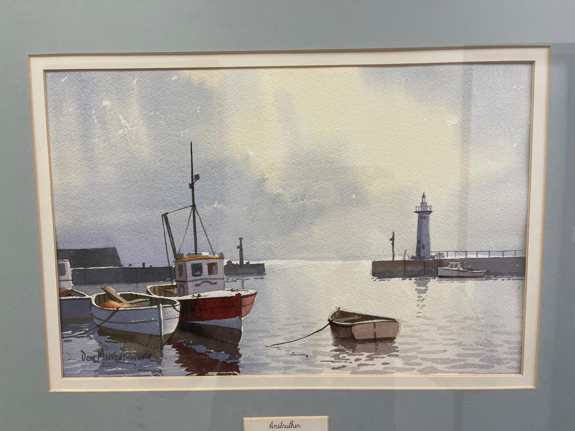 Watercolor on paper, signed Don Micklethwaite on recto (bottom left), framed size 26” L x 22” W x 1” D; unframed size 14” x 9”. Boats in a Harbour. British Artist Don Micklethwaite born in Scarborough and received a short formal training at the