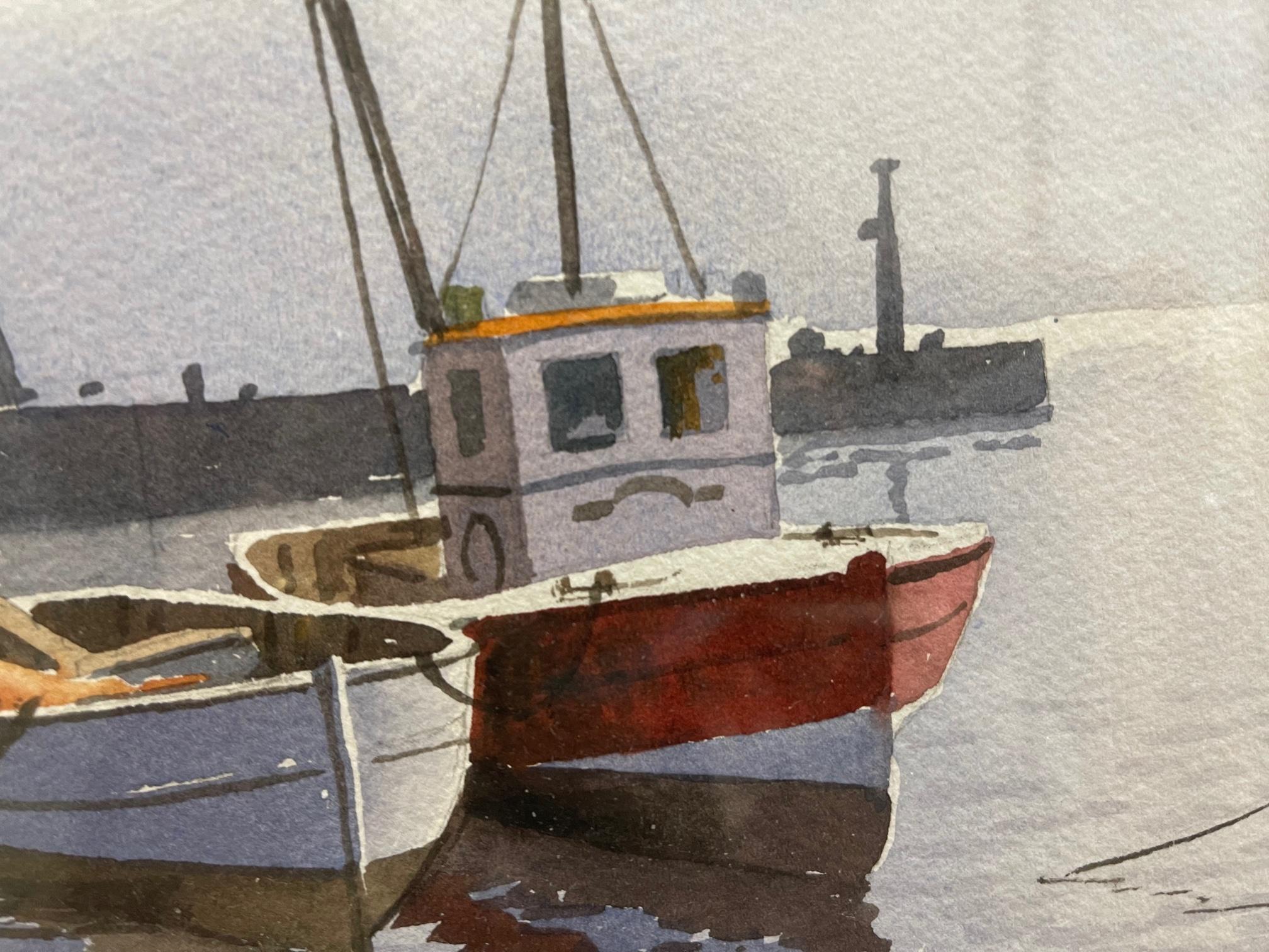 Mid-Century Modern Don Micklethwaite Boats in a Harbour Watercolor on Paper British