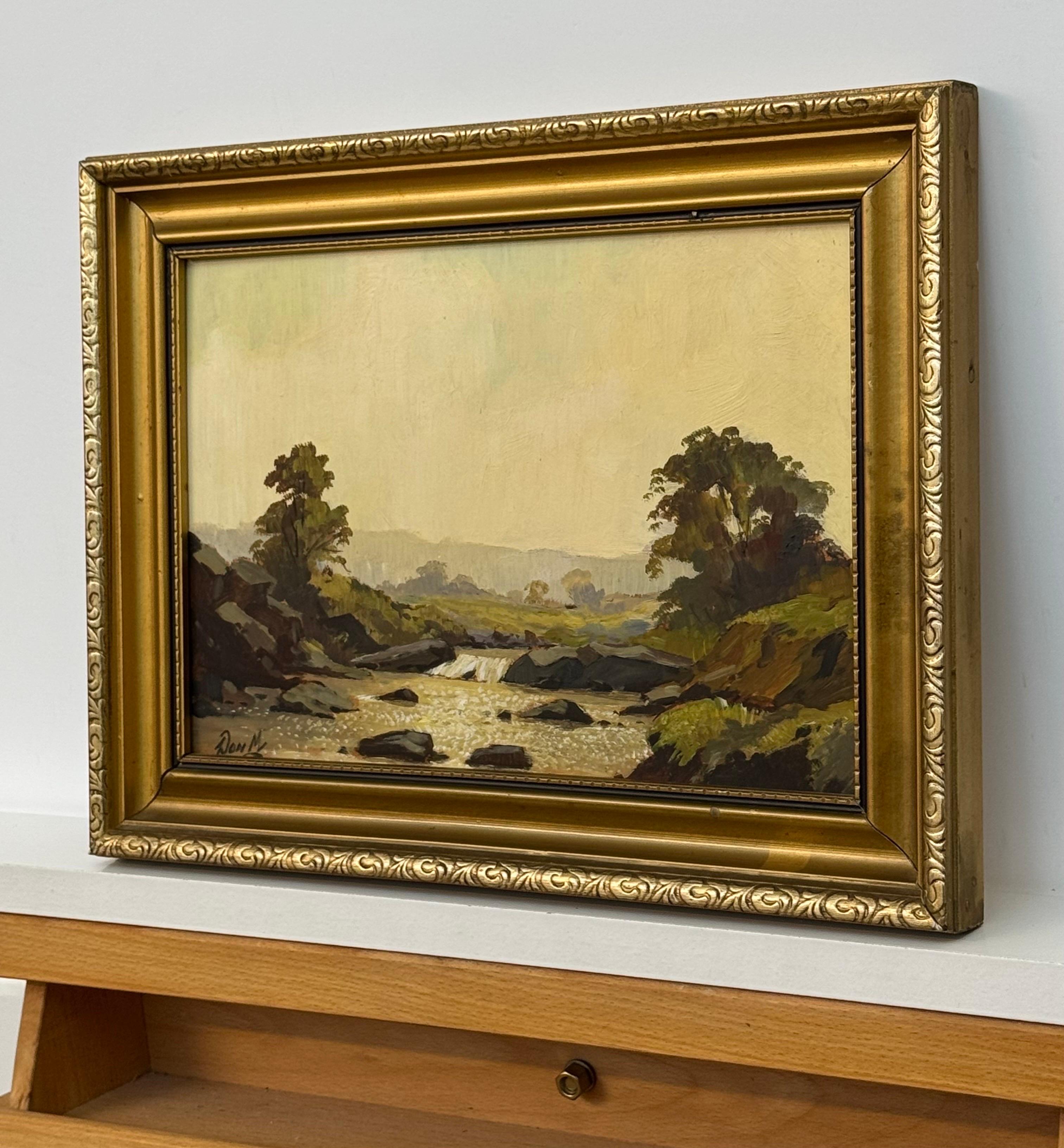 Óleo Vintage Paisaje fluvial en la campiña inglesa - Arte británico del siglo XX - Landscape Painting Marrón de Don Micklethwaite