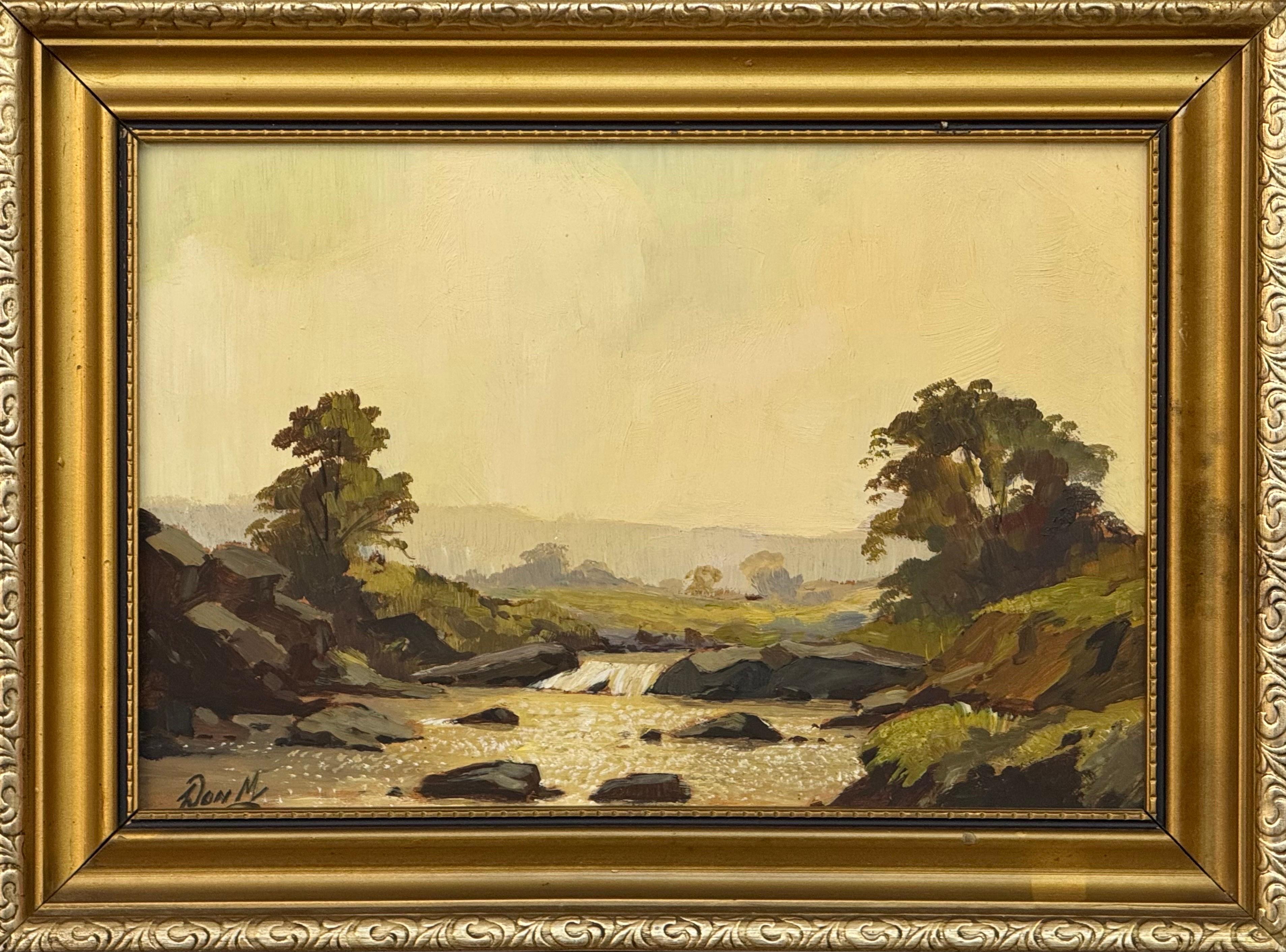 Óleo Vintage Paisaje fluvial en la campiña inglesa - Arte británico del siglo XX

Medidas de la obra 11 x 7,5 pulgadas 
El marco mide 13 x 10 pulgadas 

Don Micklethwaite es un pintor británico de posguerra y contemporáneo nacido en 1936.  Artista