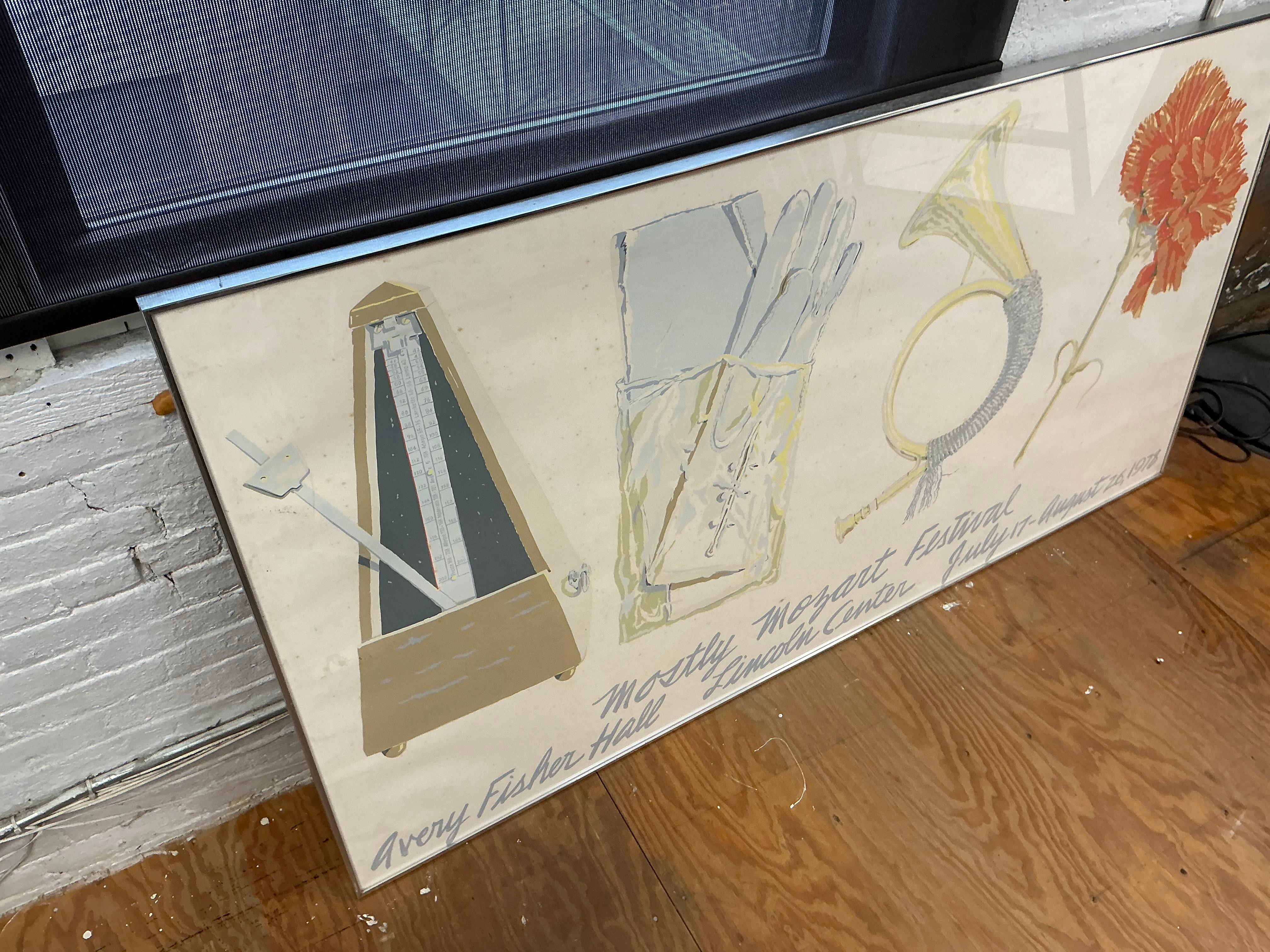 This impressive large screenprint by Don Nice was created for the Lincoln Center’s Mostly Mozart Predella program. In this artwork, Nice skillfully depicts a sequence of musical objects: the metronome, trombone, music sheets, and a bouquet of