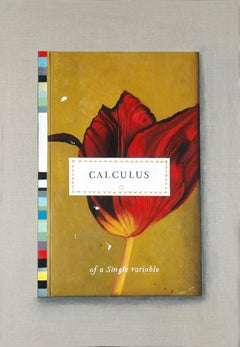 Calculus, peinture originale en trompe-l'œil d'un livre à texte classique avec une tulipe rouge