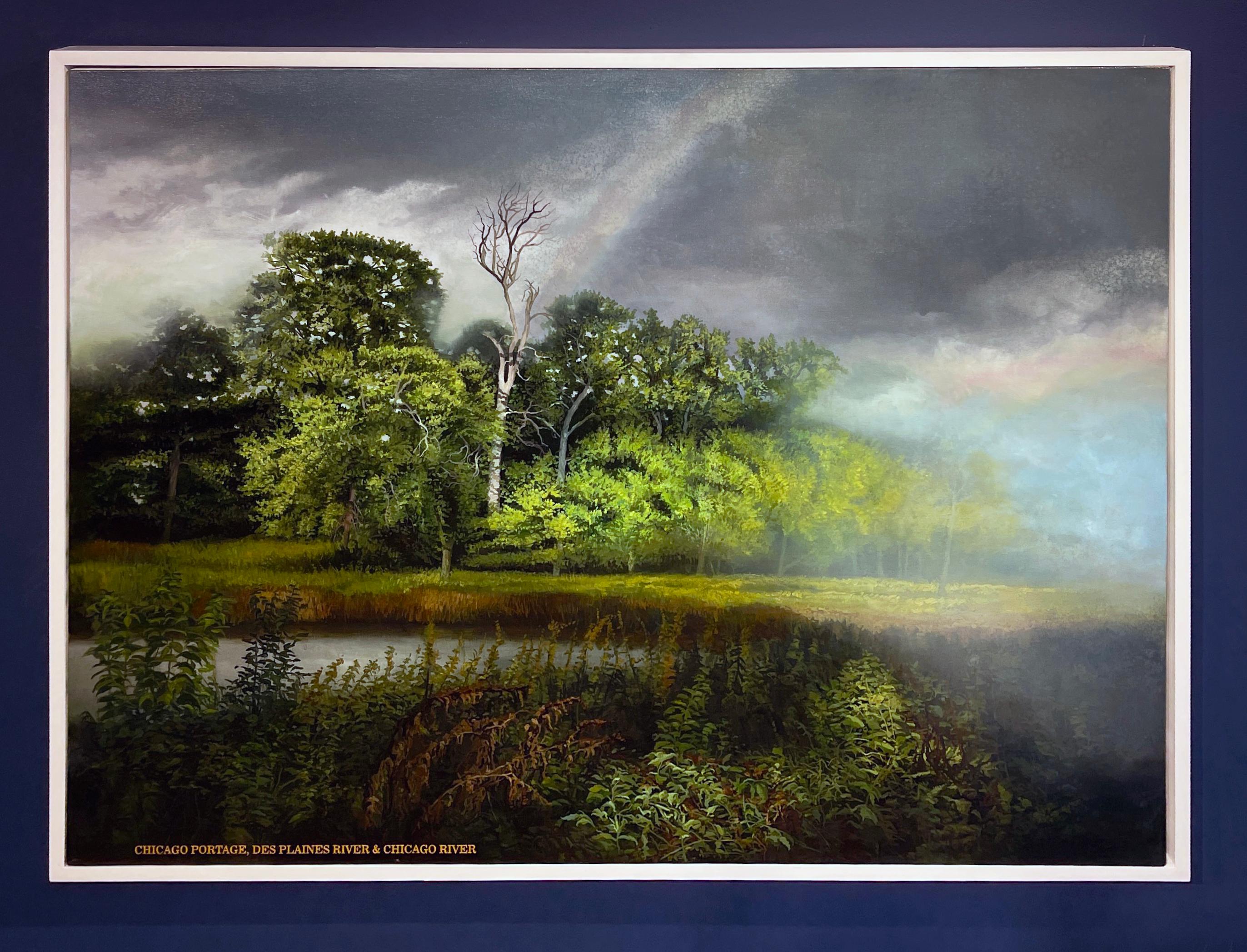 Chicago Portage - Serene Wooded Landscape with Stormy Skies, Oil on Canvas - Painting by Don Pollack