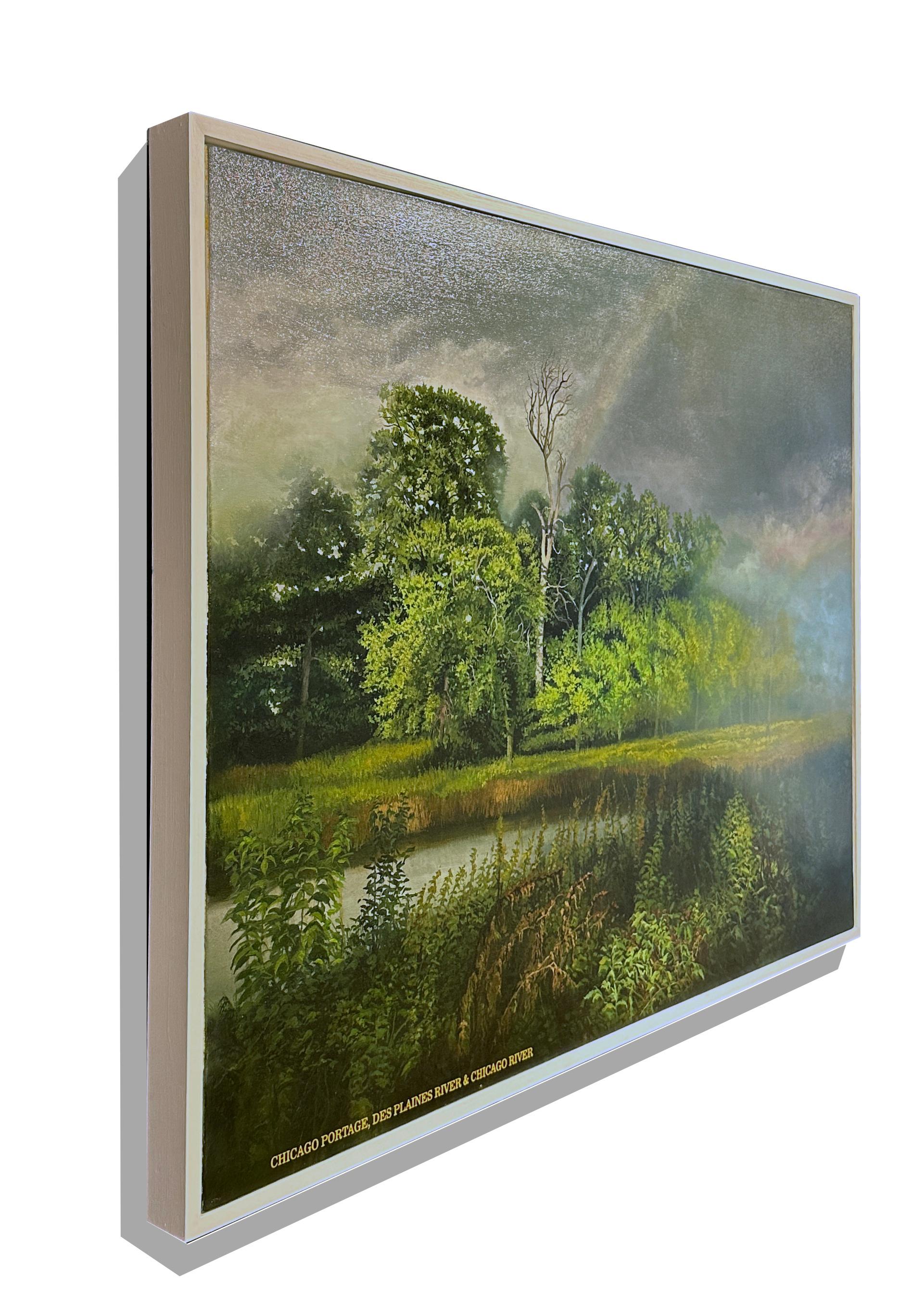 Chicago Portage – ruhige Holzlandschaft mit stürmischen Himmeln, Öl auf Leinwand (Zeitgenössisch), Painting, von Don Pollack