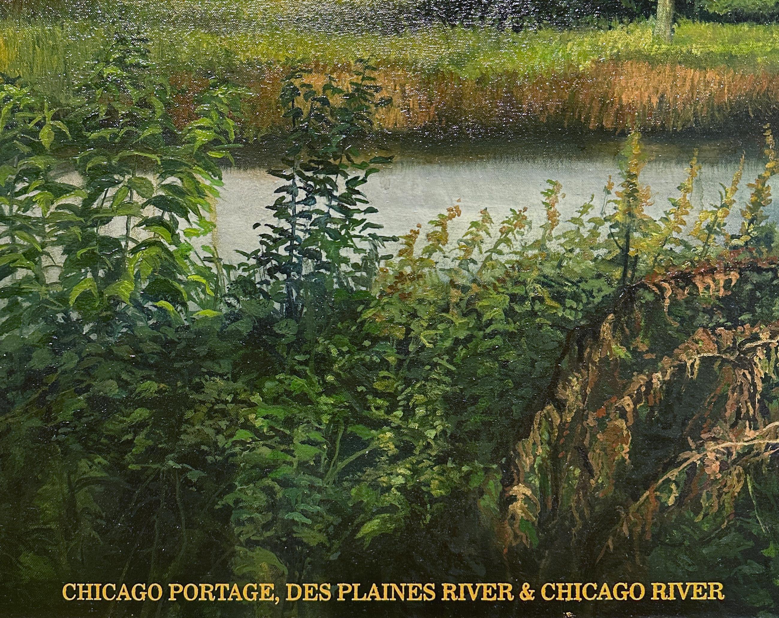 Portage de Chicago - Paysage boisé serein avec skis tempêtes, huile sur toile en vente 1