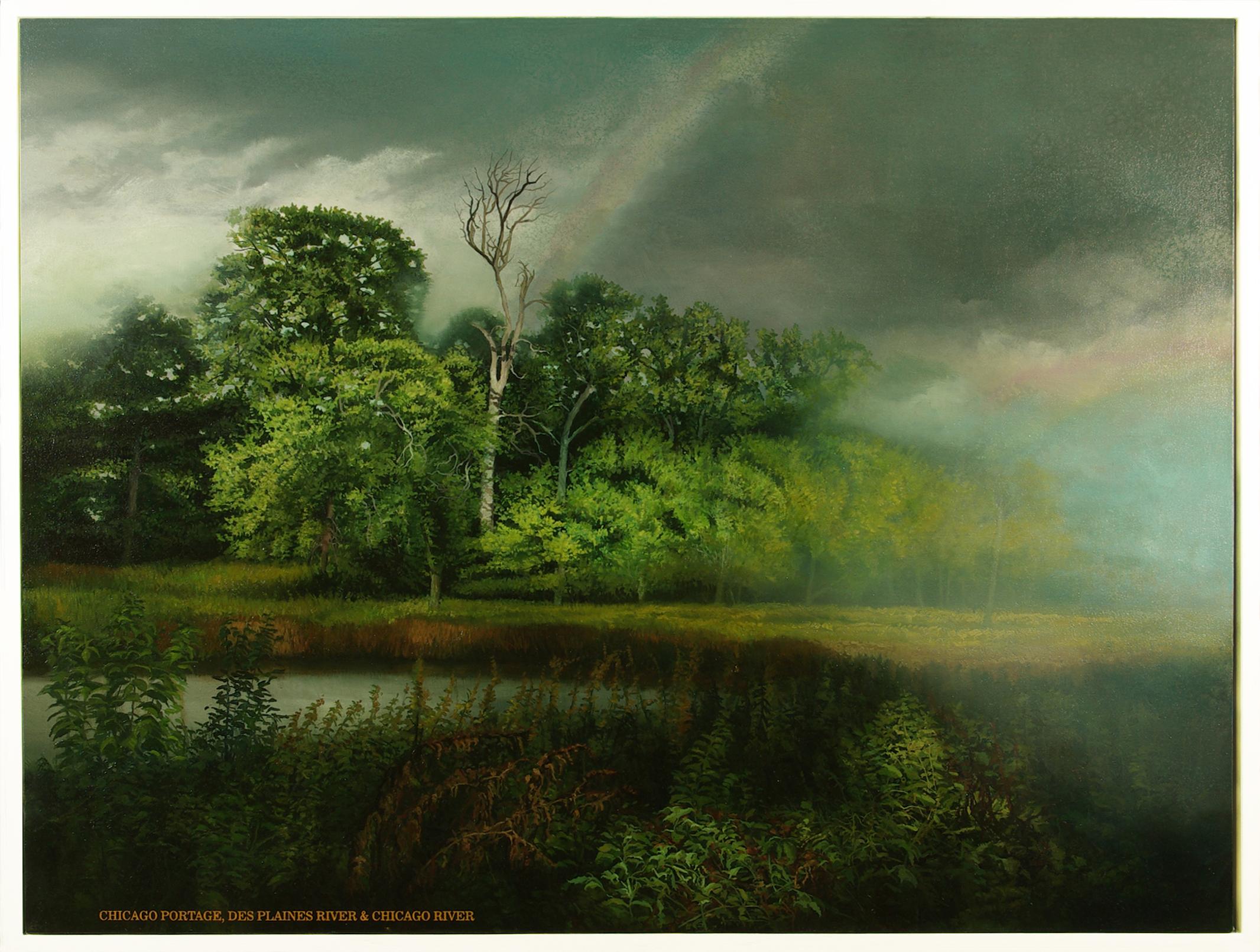 Don Pollack Landscape Painting – Chicago Portage – ruhige Holzlandschaft mit stürmischen Himmeln, Öl auf Leinwand