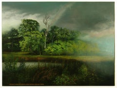 Chicago Portage - Serene Wooded Landscape with Stormy Skies, Oil on Canvas