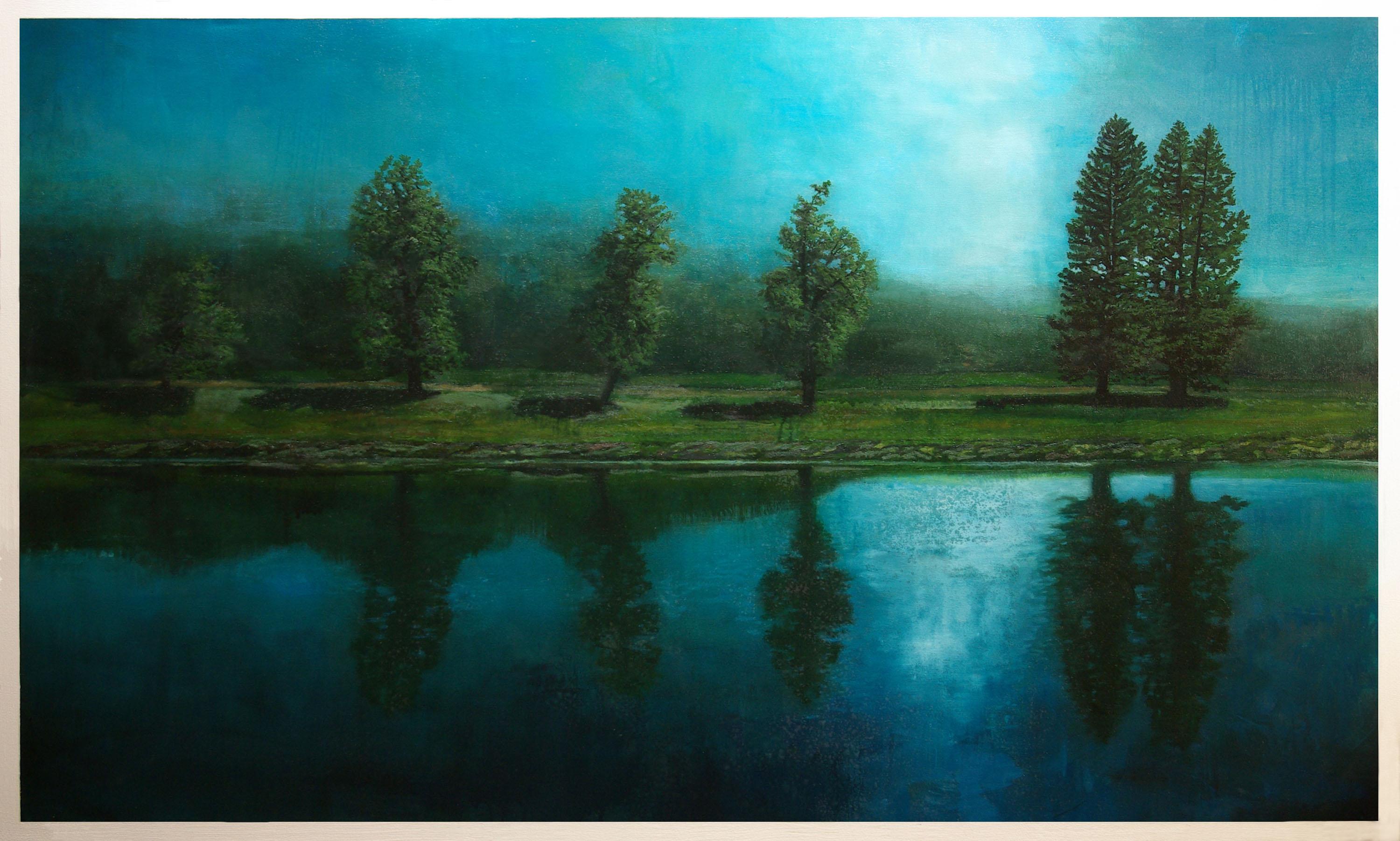 Don Pollack Landscape Painting - Coeur d'Alenes Trail - Serene Landscape in Rich Greens and Blues, Oil on Canvas