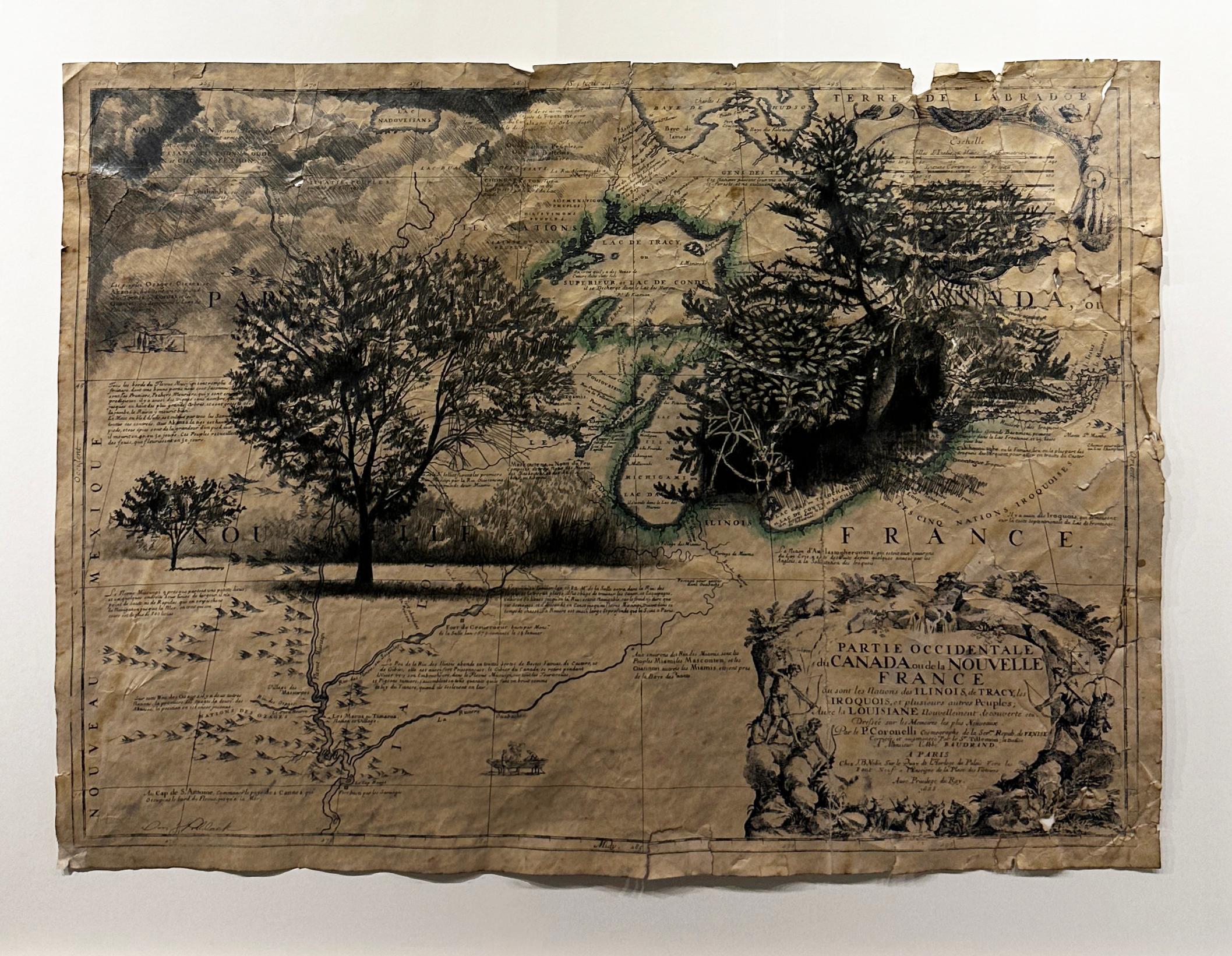 Neues Frankreich und Labrador – Graphitzeichnung, Landschaft, auf antiker Karte, Frankreich – Painting von Don Pollack