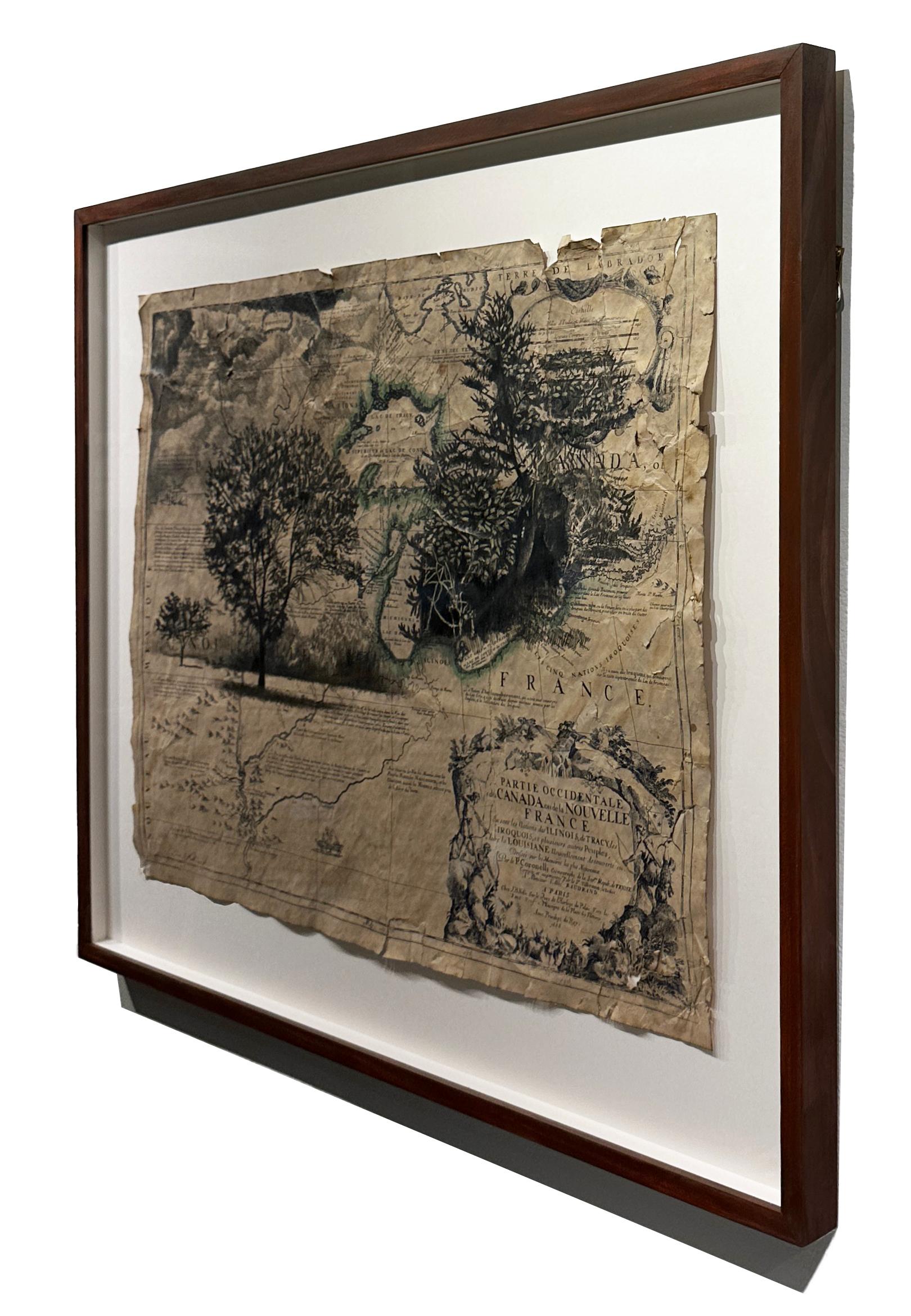 New France and Labrador - Graphite Drawing, Landscape, On Antiqued Map For Sale 1