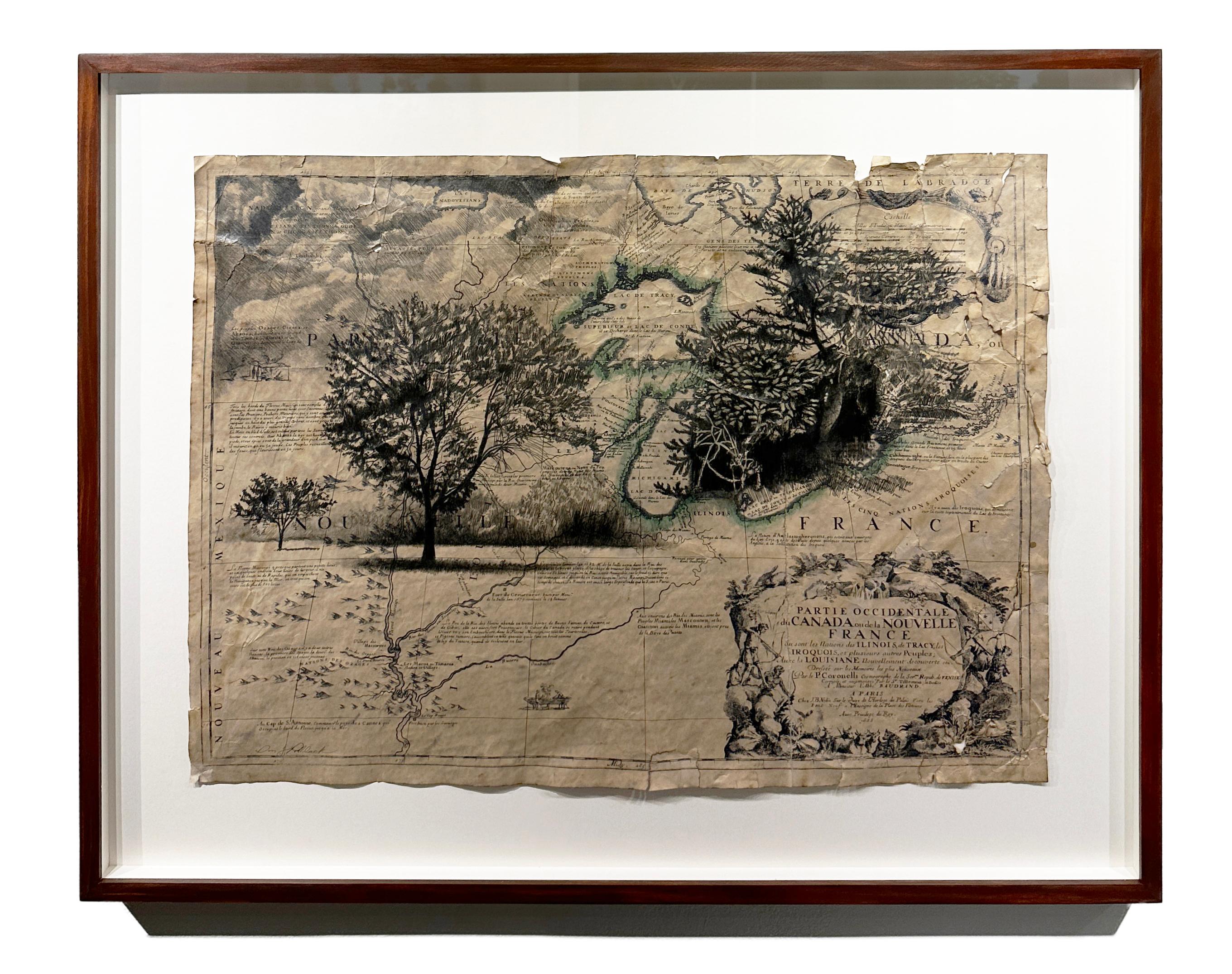 Don Pollack Landscape Painting - New France and Labrador - Graphite Drawing, Landscape, On Antiqued Map