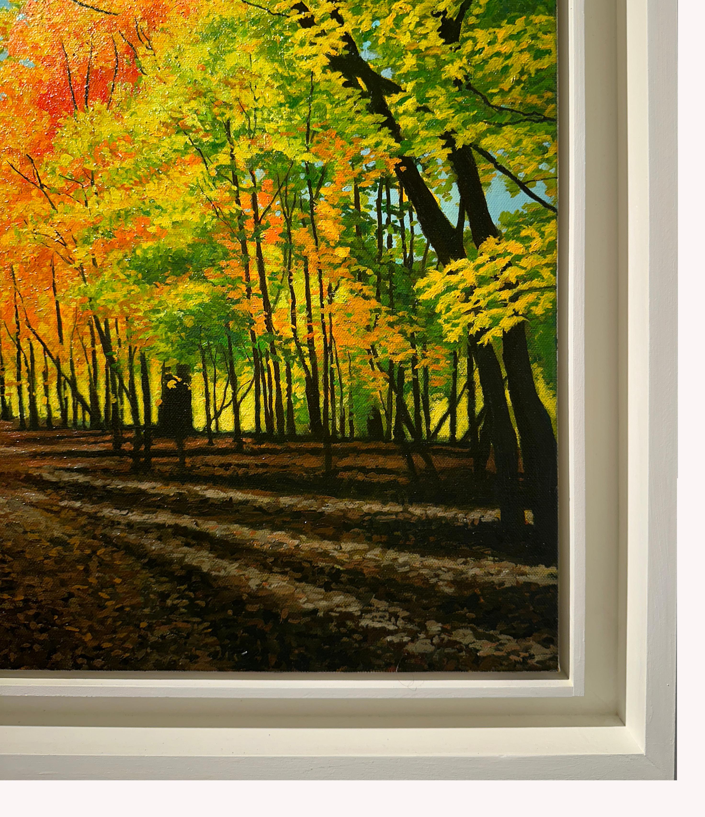 Sentiero del Branch settentrionale, Riserva Forestale della Contea di Cook, Illinois, Olio originale, incorniciato - Landscape Painting Verde di Don Pollack