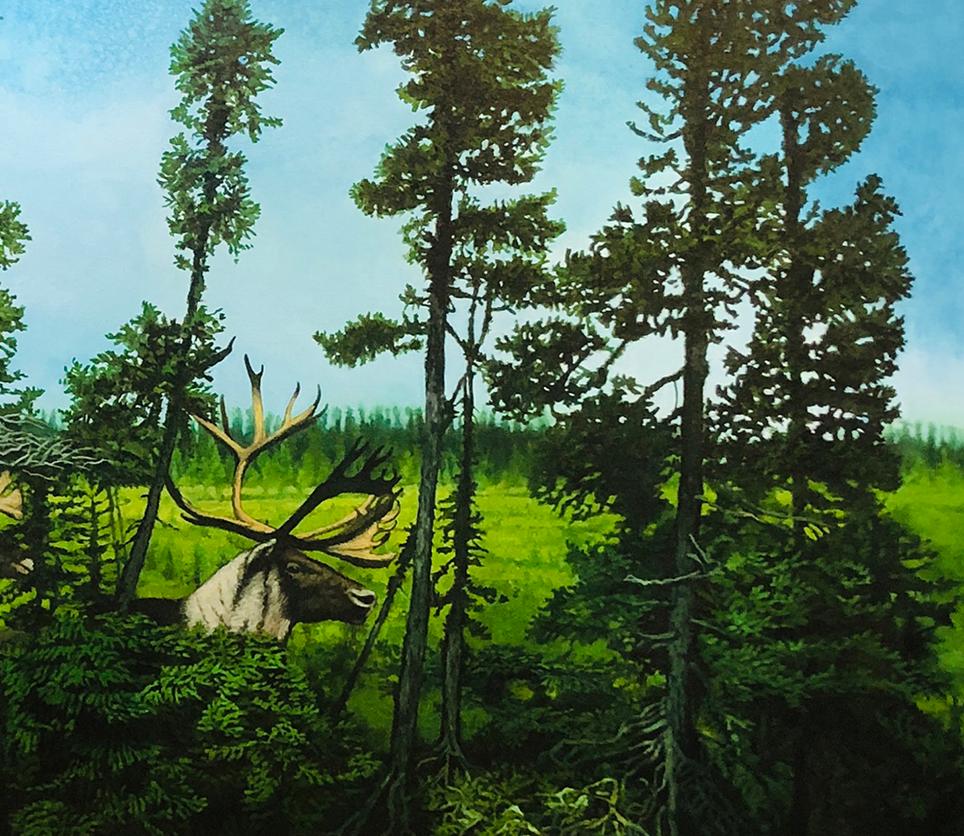 The Big Land - Serene Wooded Landscape with Hidden Caribou, Oil on Canvas - Painting by Don Pollack