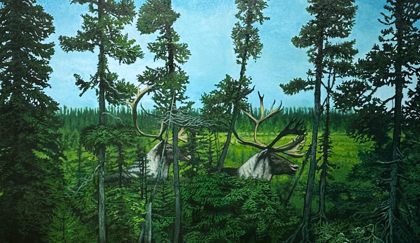 The Big Land - Serene Wooded Landscape with Hidden Caribou, Oil on Canvas - Contemporary Painting by Don Pollack