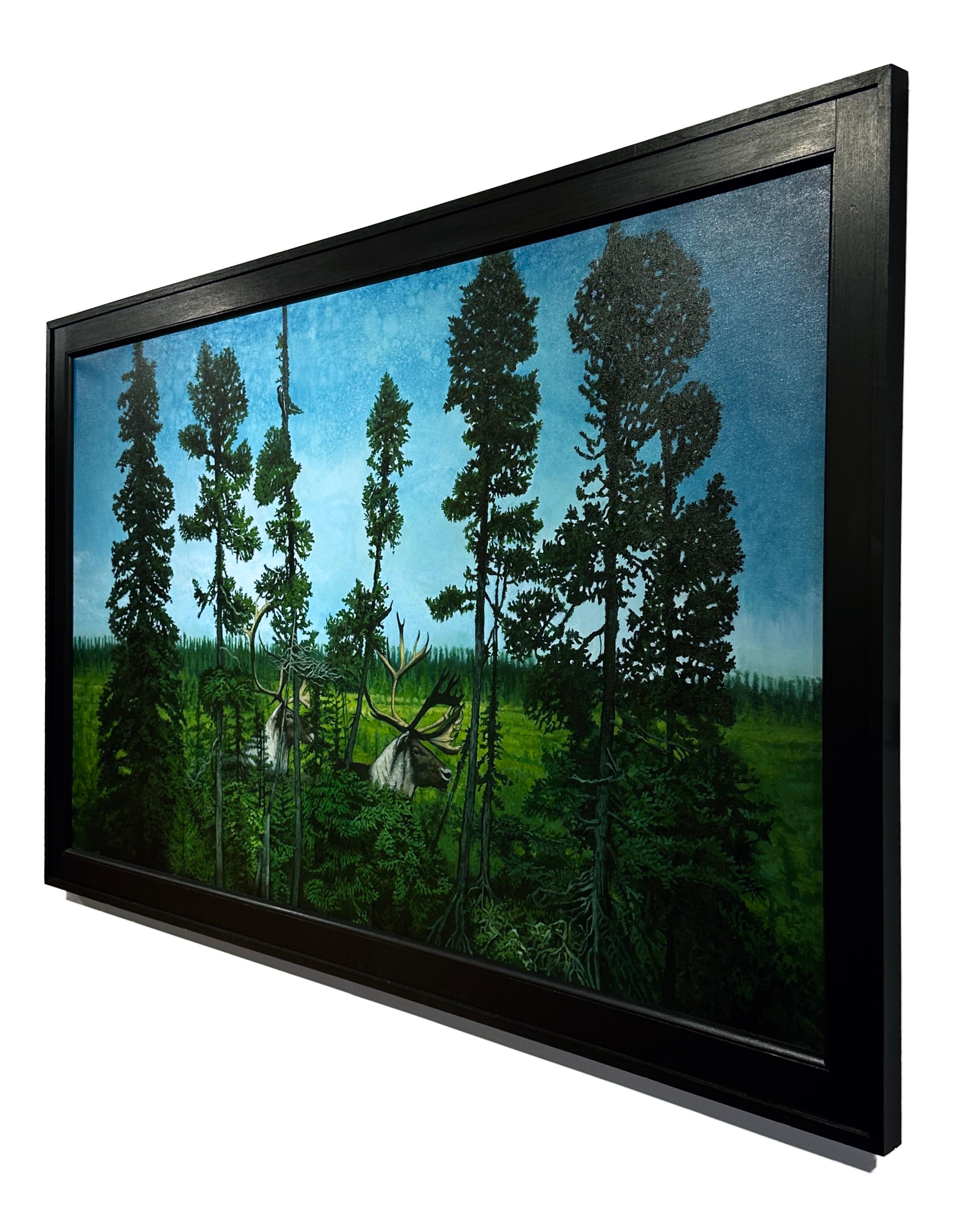 The Big Land - Serene Wooded Landscape with Hidden Caribou, Oil on Canvas For Sale 1