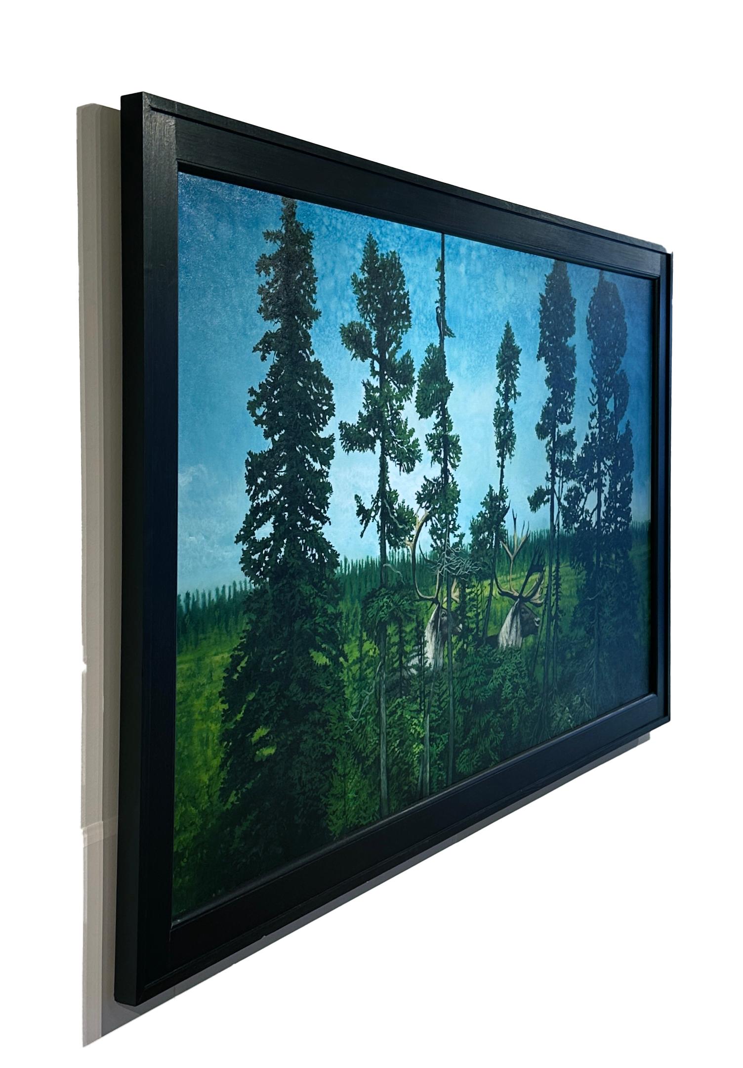 The Big Land - Serene Wooded Landscape with Hidden Caribou, Oil on Canvas For Sale 2