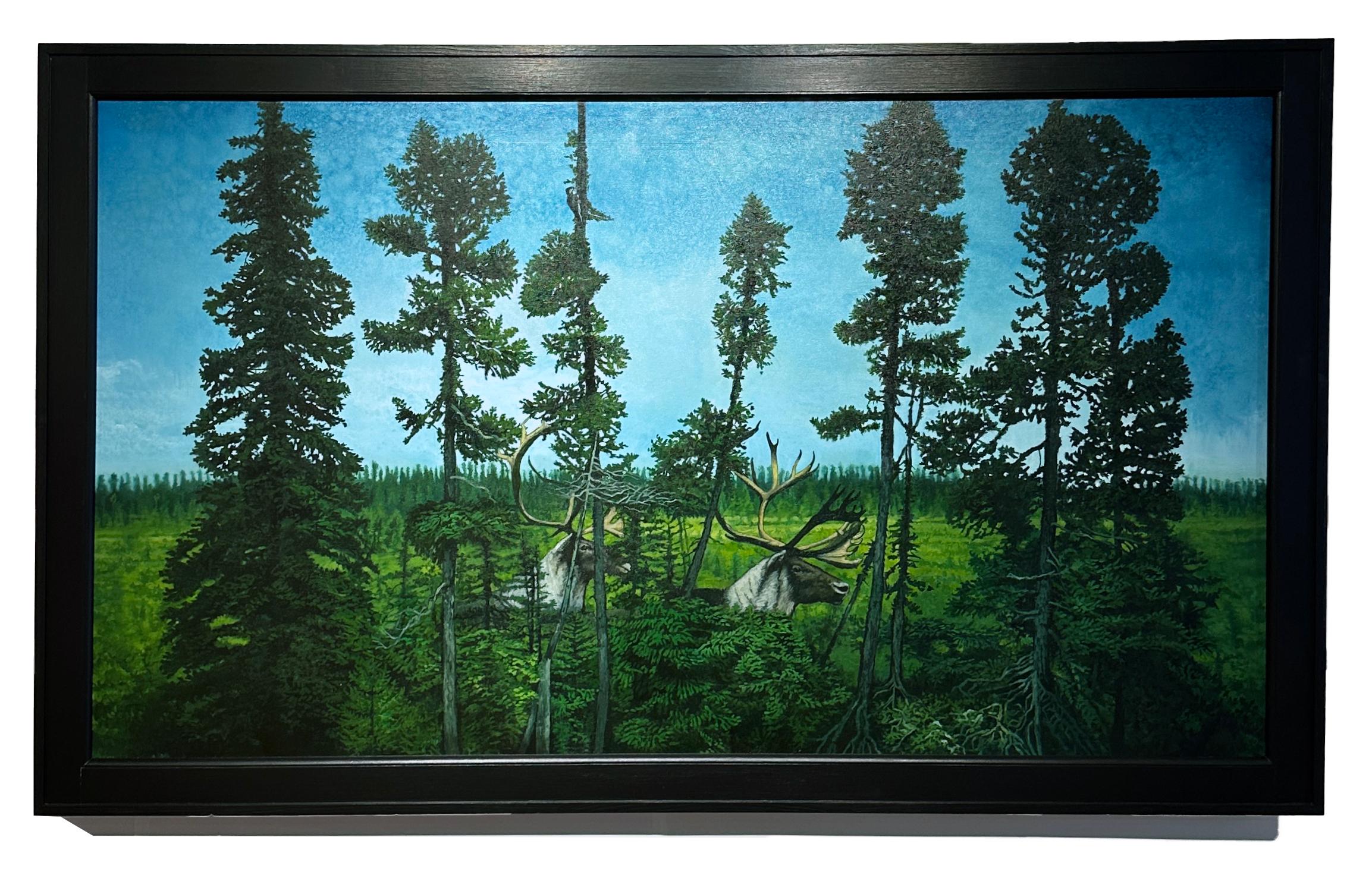 The Big Land - Serene Wooded Landscape with Hidden Caribou, Oil on Canvas For Sale 3