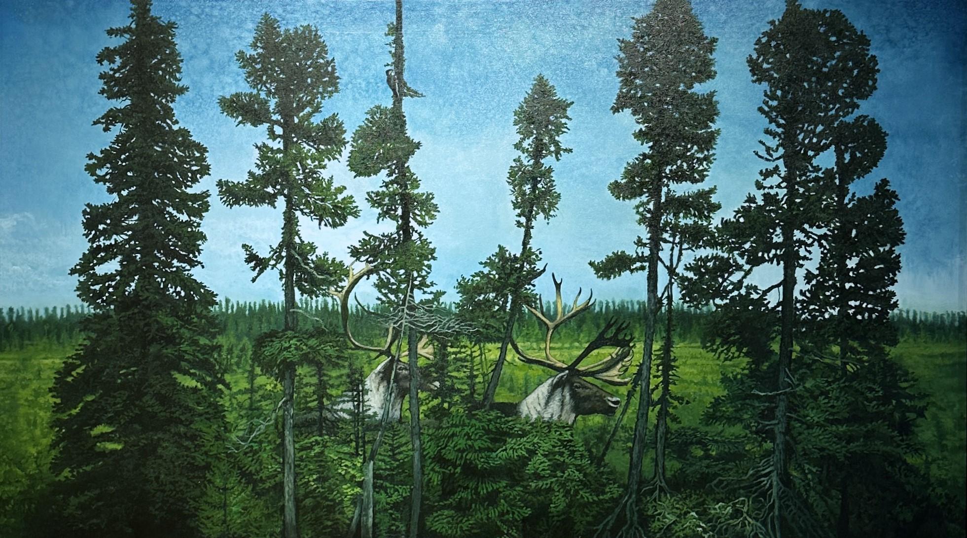 Don Pollack Animal Painting - The Big Land - Serene Wooded Landscape with Hidden Caribou, Oil on Canvas
