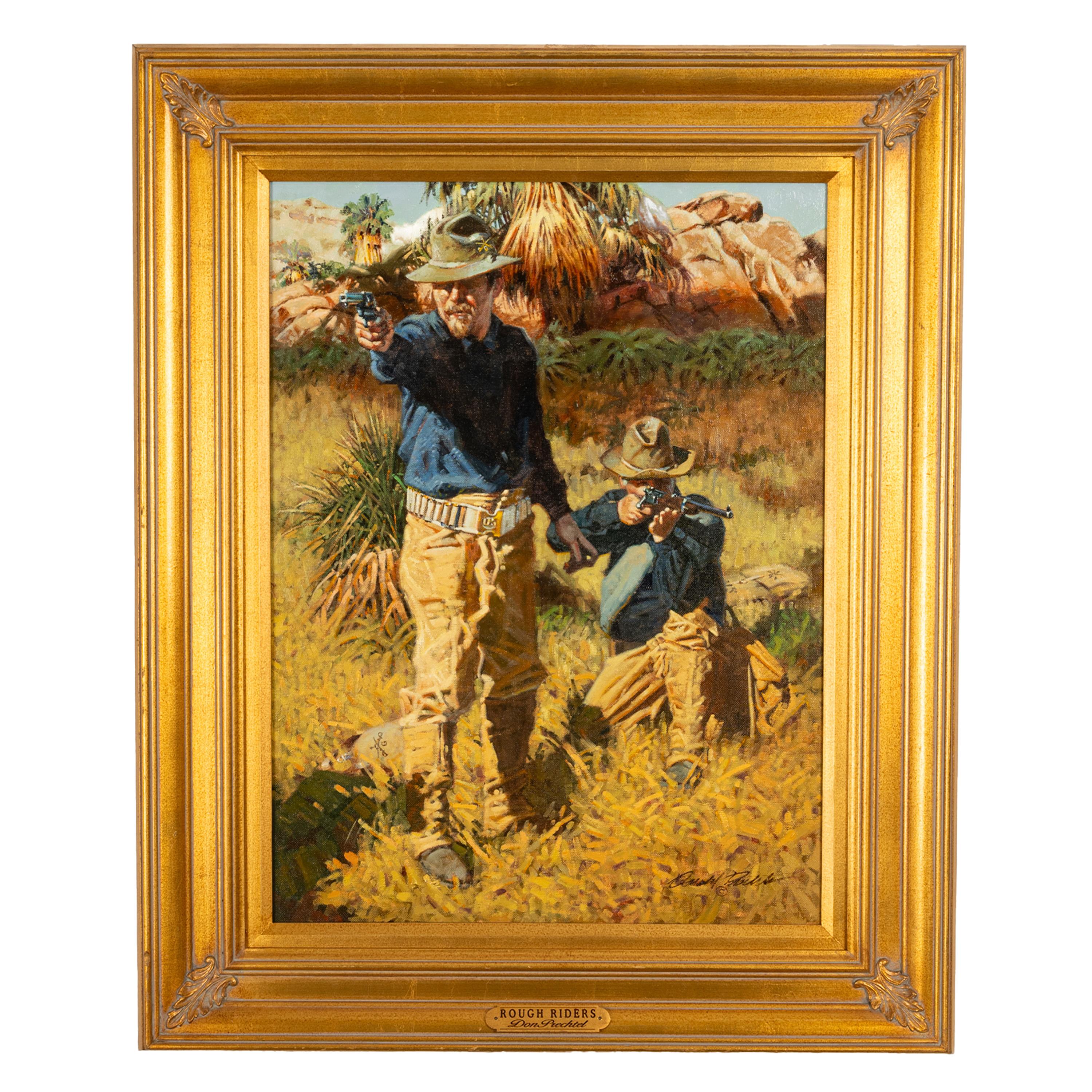 An original oil on canvas painting by Don Prechtel (1936), titled "Rough Riders", painted in the 1970s. The painting is in excellent condition, signed lower right and housed in the original gilded frame, with a title & name-plate to the base of the