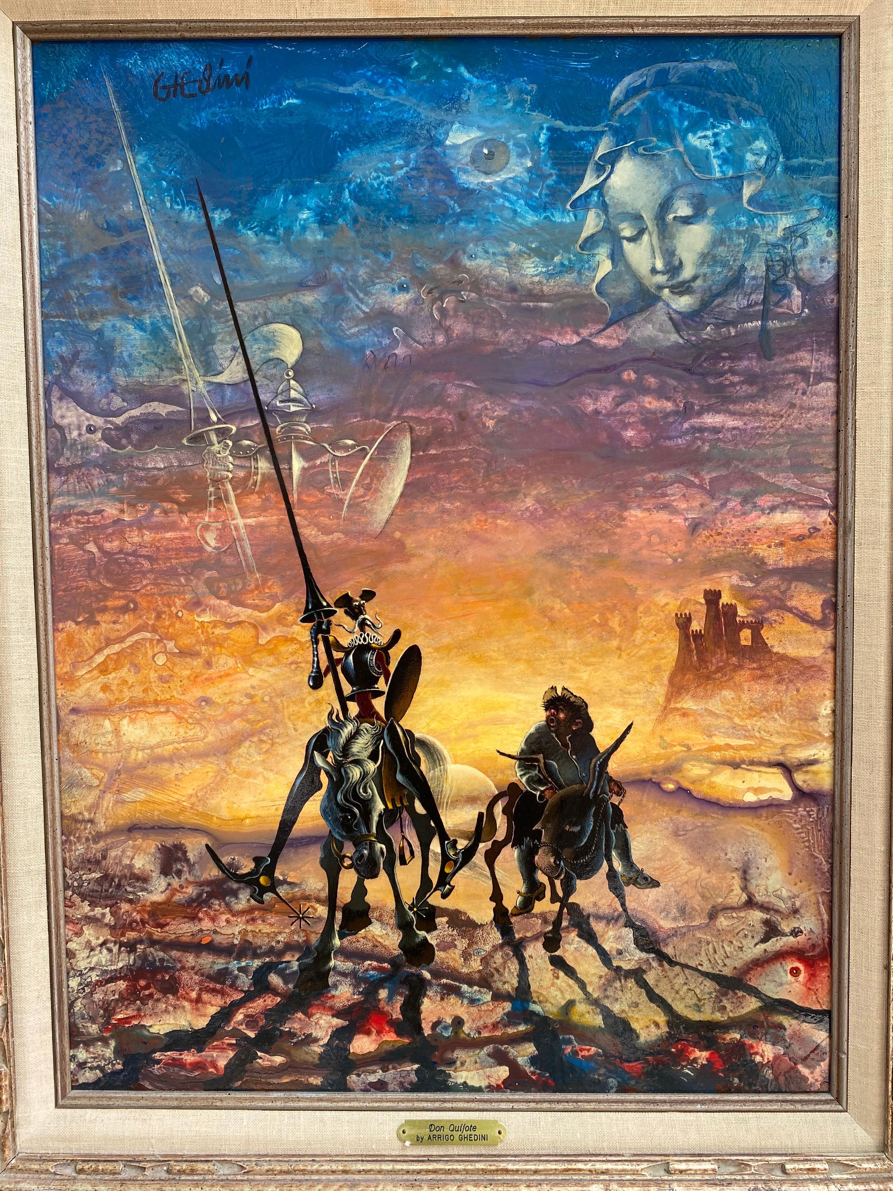 Arrigo Ghedini Don Quijote, oil on board. Surreal other worldly interpretation of The Classic Story. Ghedini did an entire series of paintings of the subject. Painting in great shape with a period Frame, probably the original.