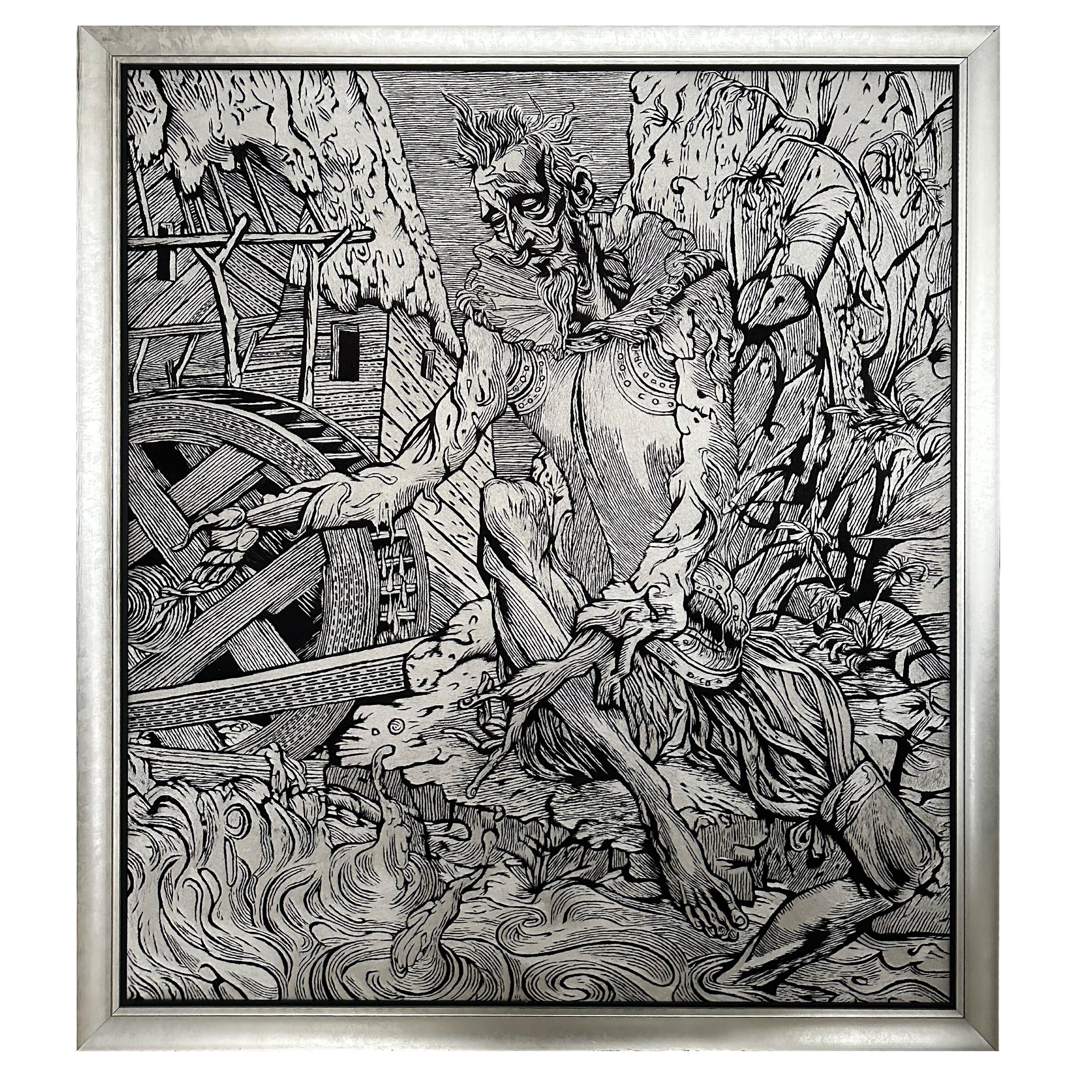 "Don Quijote" Hand Made Seide bestickt Wandteppich Wanddekoration im Angebot